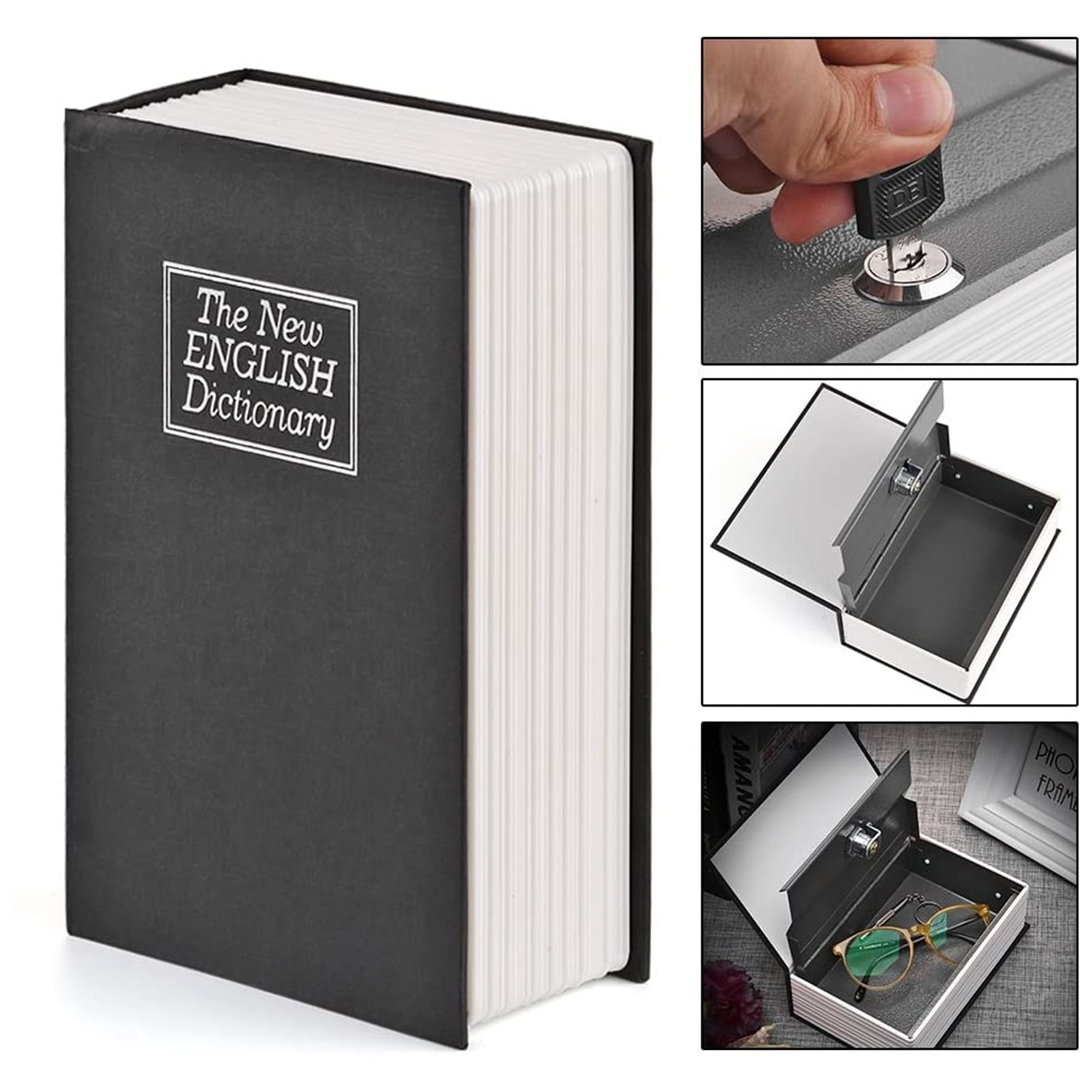 LIYJTK Secret Book Safe with Key Lock, Hidden Metal Security Box for Cash and Jewelry (Black, 4.5 in x 3.1 in x 1.8 in) qjmri