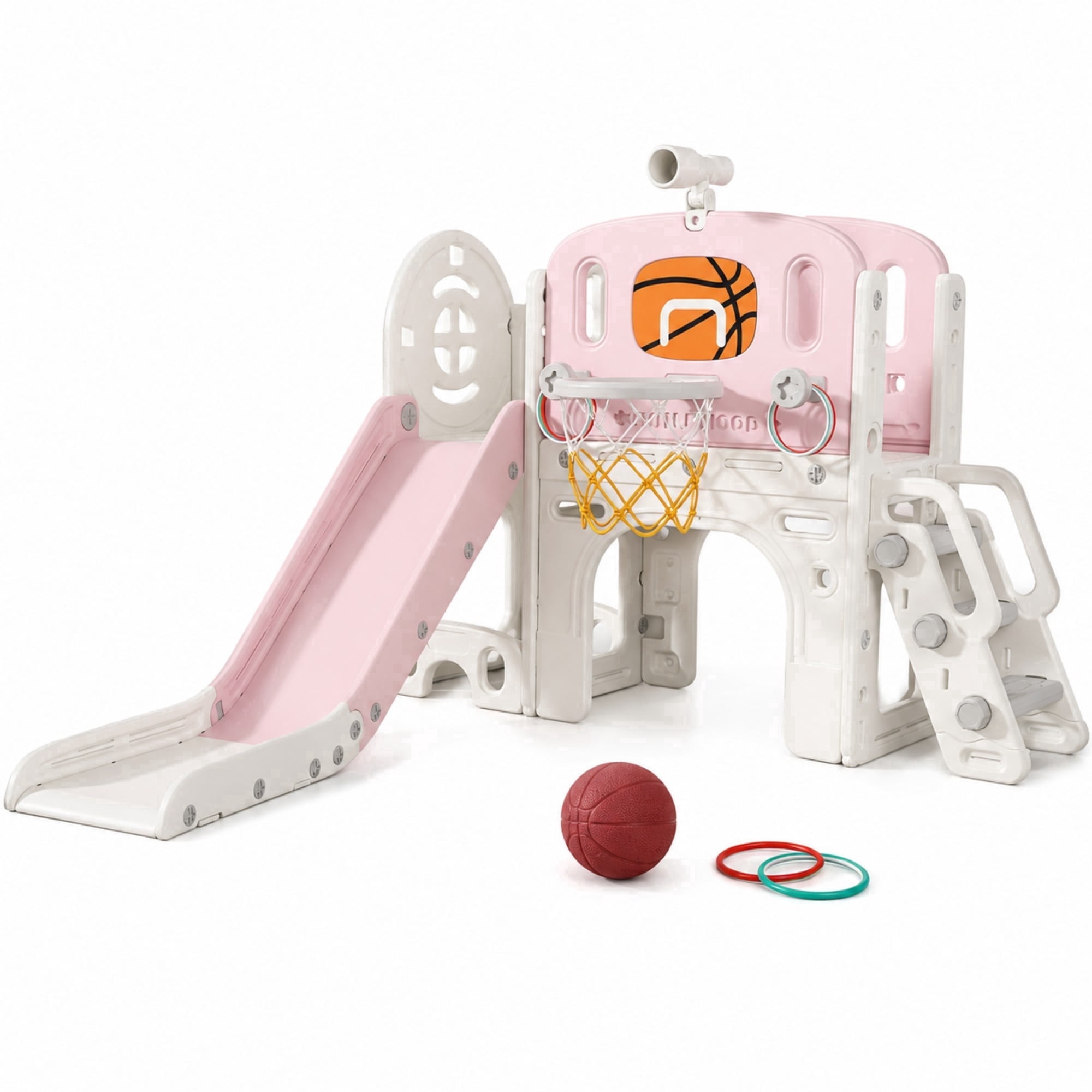 DKMOCO 9-in-1 Toddler Slide and Climber Playset with Basketball Hoop and Ring Toss (Pink, 59.8 in x 53.5 in x 36.2 in) p14il