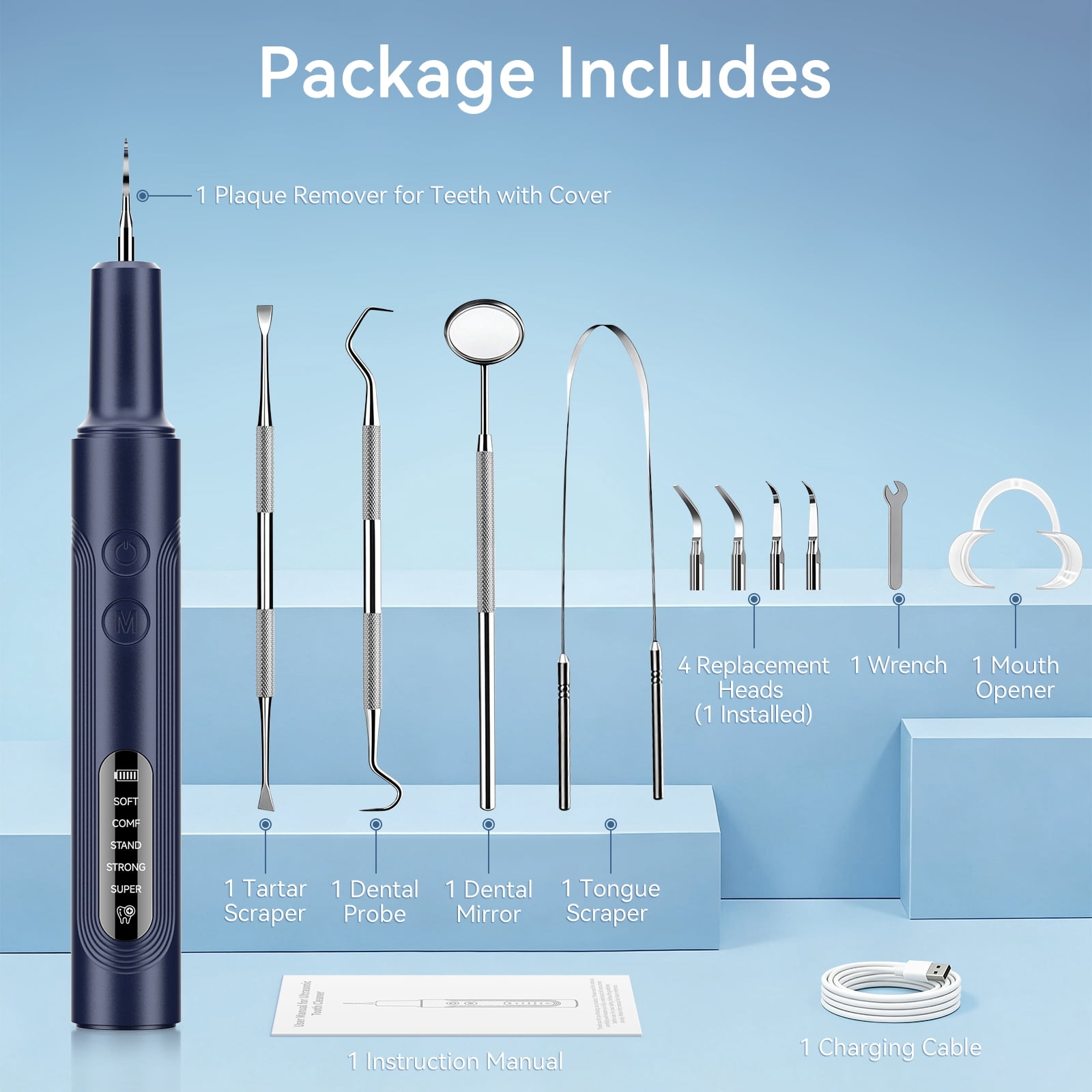 Hulmay Electric Plaque Remover for Teeth, Tartar Cleaner with LED Light and 5 Cleaning Modes (Blue, 1 Kit) x2uyk