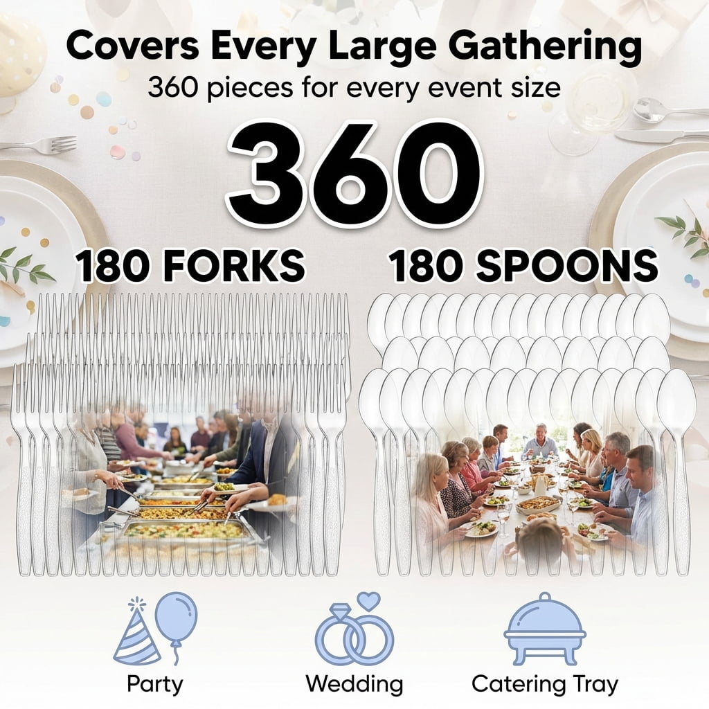 JoyServe Disposable Plastic Utensils Set, Heavy-Duty Forks and Spoons for Catering and Parties (Clear, 360 Pack) wfojf