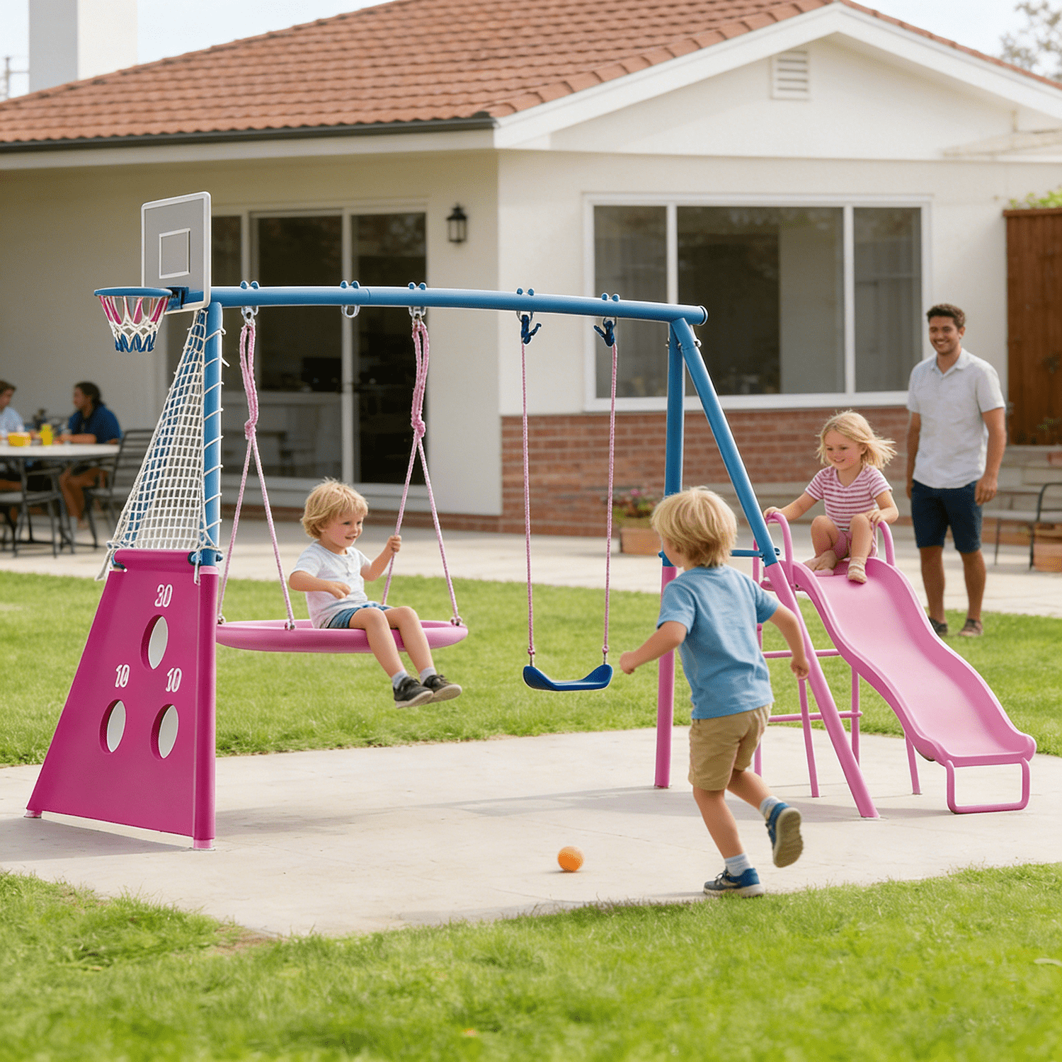 Shengchao Trade Kids Outdoor Metal Swing Set with Slide and Basketball Hoop (Pink, 440 lb) ds88a
