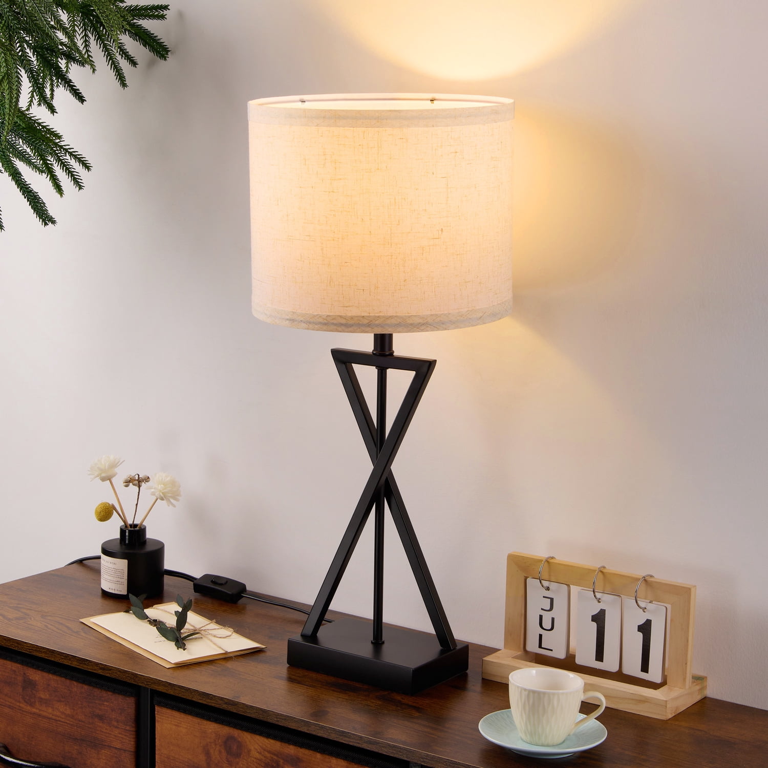 Walchoice Modern Table Lamp, Minimalist Bedside Desk Lamp with Linen Shade (Matte Black, 15 in) 8ly8o
