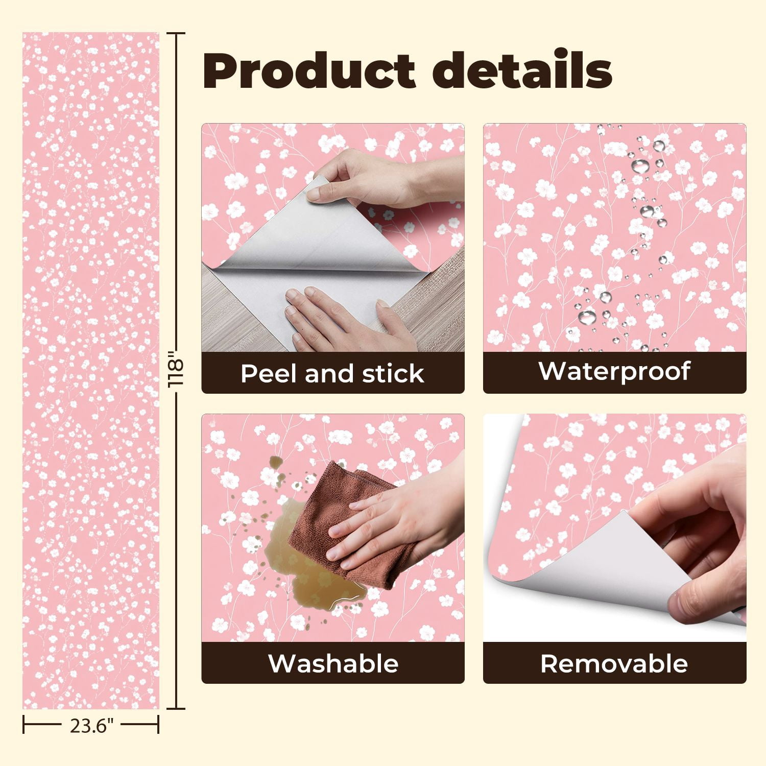 Kanworse Peel and Stick Wallpaper Floral Wall Mural (White and Soft Pink, 23.6 in x 9.8 ft) fbk5p