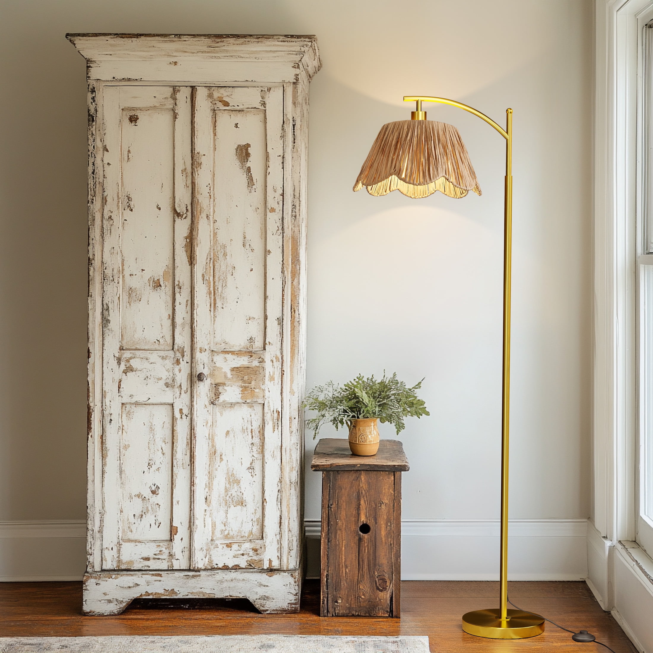 Oneach Boho Floor Lamp, Standing Lamp for Living Room with Floral Raffia Shade (Brown, 62.5 in) fpwhd