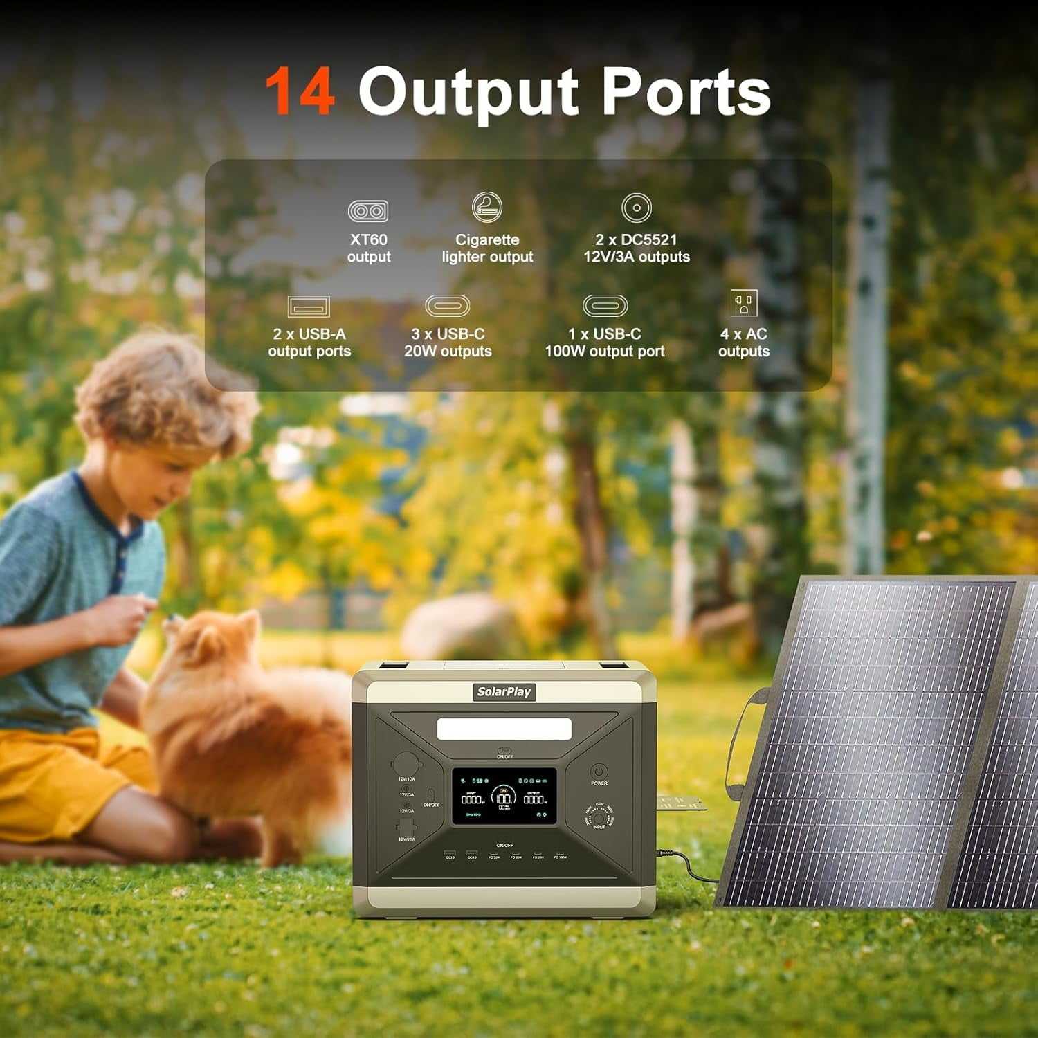 SolarPlay 2400W Portable Power Station with Foldable Cart, 2160Wh LiFePO4 Battery, 4 AC Outlets (Black, 2160Wh) 1poj8