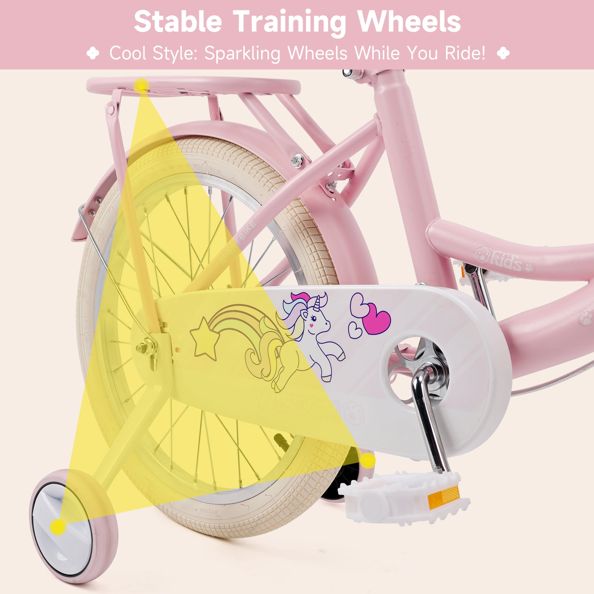 Bruce & Shark Kids Bicycle with Training Wheels and Basket (Pink, 18 in) 6vb7m - Image 2