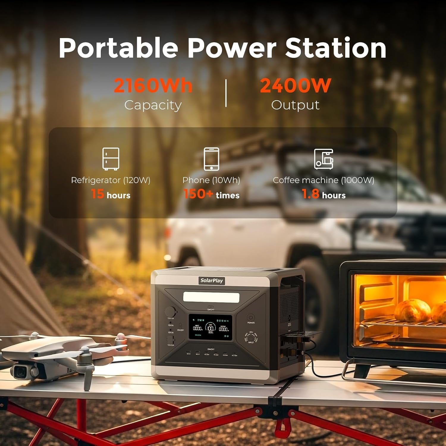 SolarPlay 2400W Portable Power Station with Foldable Cart, 2160Wh LiFePO4 Battery, 4 AC Outlets (Black, 2160Wh) 1poj8