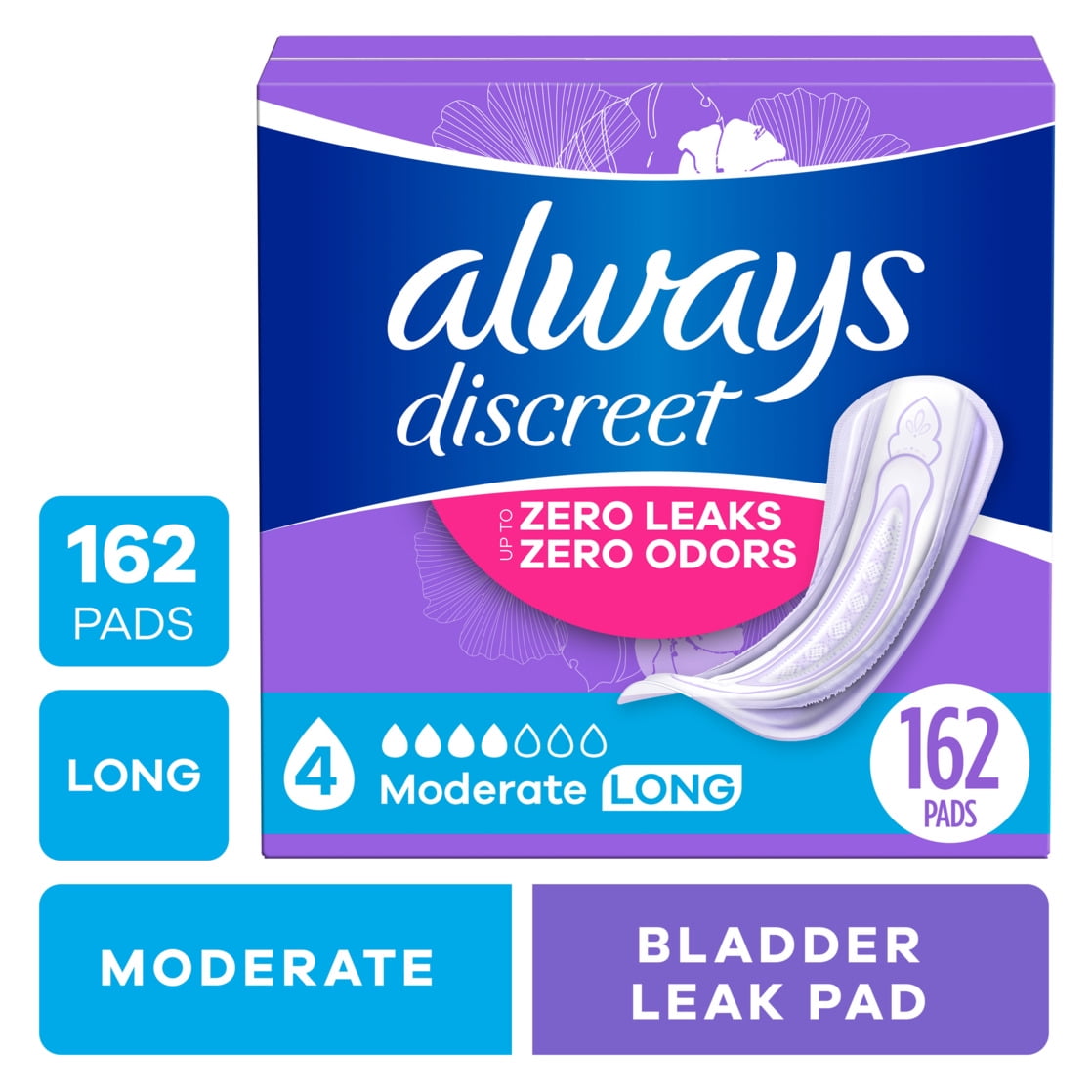 Always Discreet Incontinence Pads for Women, Moderate Absorbency, Long Length, Postpartum Protection (162 Count) a2w43