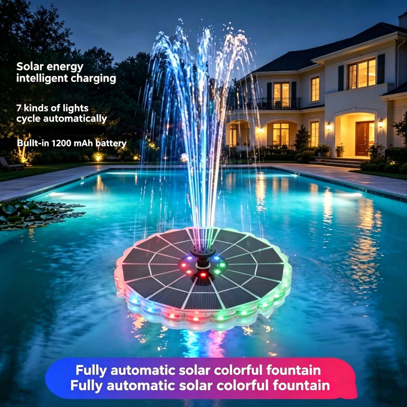 Flyylvoe Solar Bubbler Fountain with LED Lights (Floating Water Pump, 6 Spray Nozzles, 25.6 in Max Height) 8mdp9