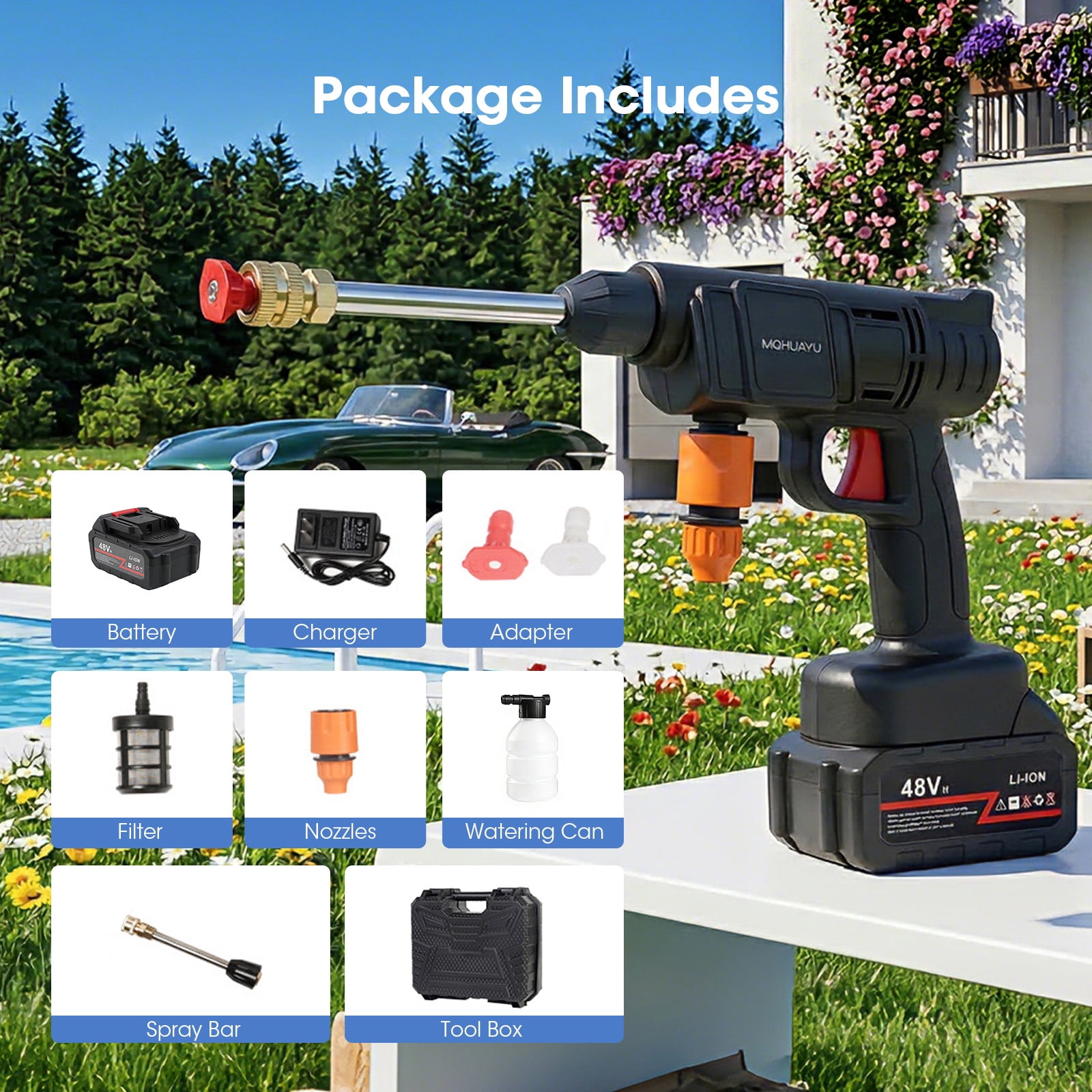MQHUAYU Cordless High Pressure Washer, Portable Power Cleaner with 2 Nozzles (Black, 16.4 ft Hose) z4m6d