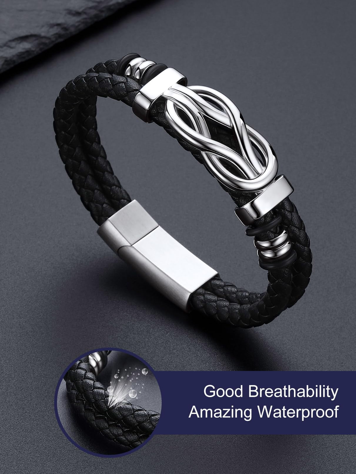Bandmax Infinity Knot Leather Bracelet for Men, Stainless Steel Cuff with Message Card (Black, 8.3 in) vtnm0