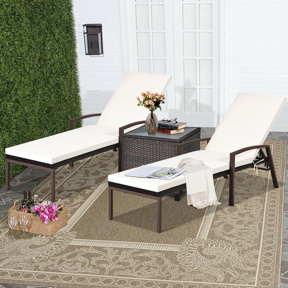 Costway 2-Piece Patio Rattan Lounge Chair Set with Adjustable Backrest and Cushions (Off-White) gvlci