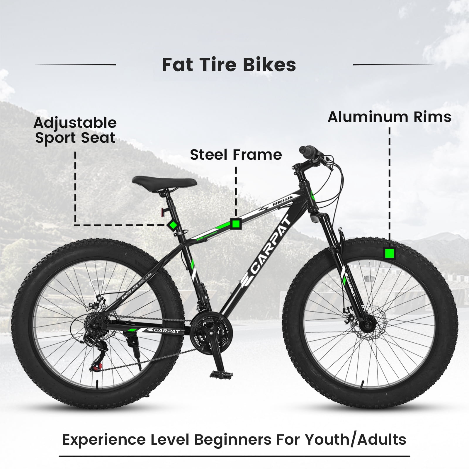 Track 7 26-Inch Fat Tire Mountain Bike, High-Carbon Steel Frame, 21-Speed Shimano Drivetrain, Dual Disc Brakes (Black, 26 in) n7qmk