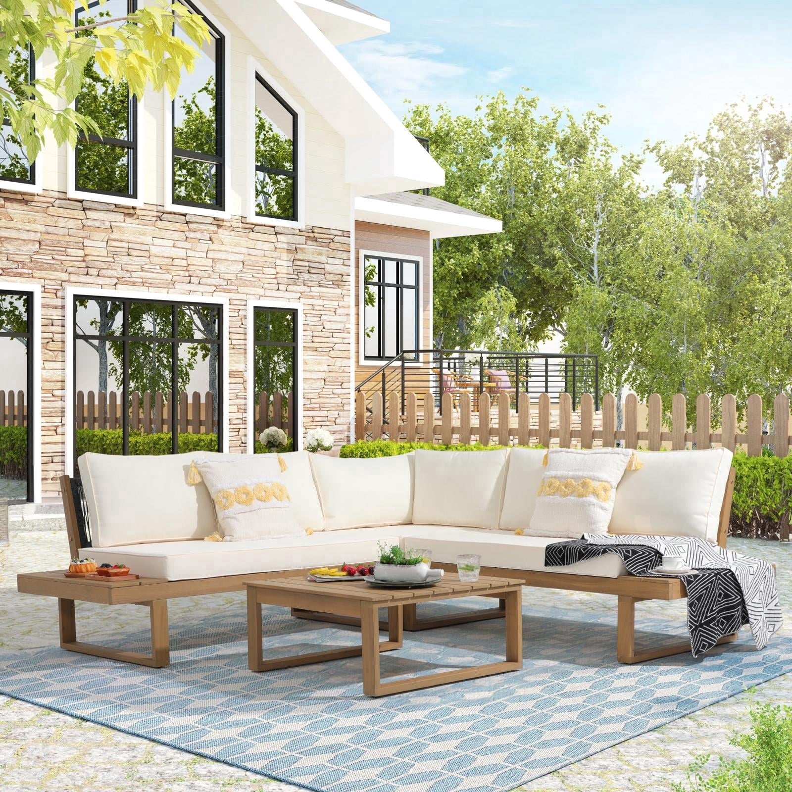 JOIVI 4-Piece Acacia Wood Patio Furniture Set, All-Weather Outdoor Sectional Sofa with Rope Detail and Table (Cream White, 4-Piece) lzfko