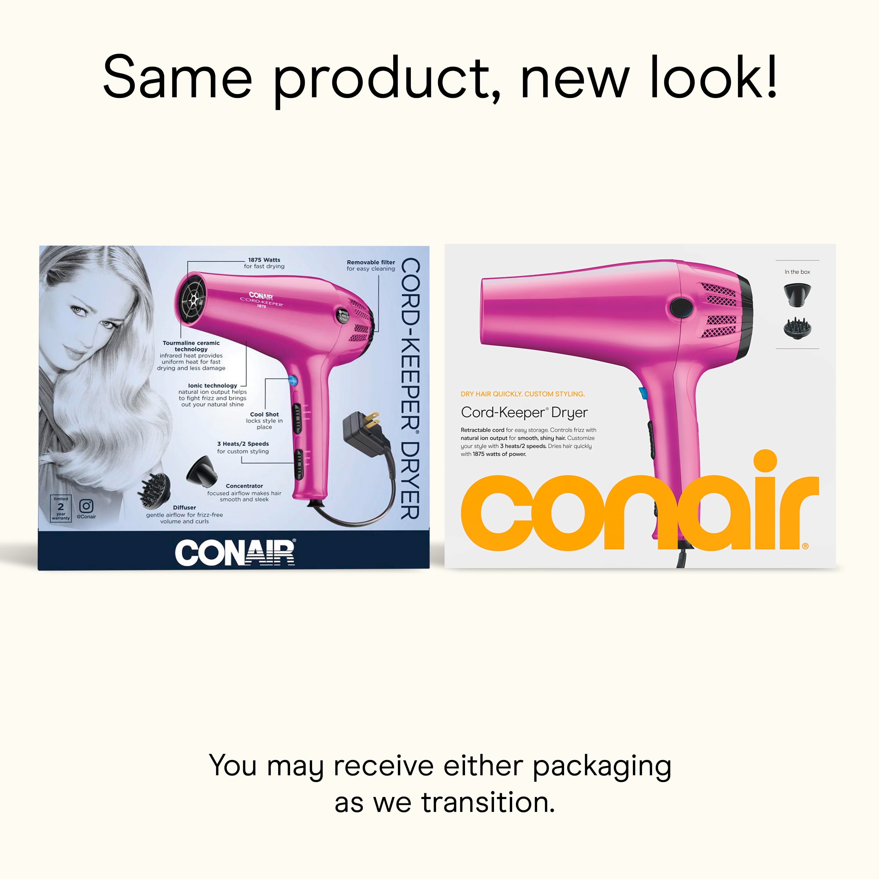 Conair Ionic Ceramic Cord-Keeper Hair Dryer with Retractable Cord, Diffuser and Concentrator (Pink, 1 Unit) 0gz0s