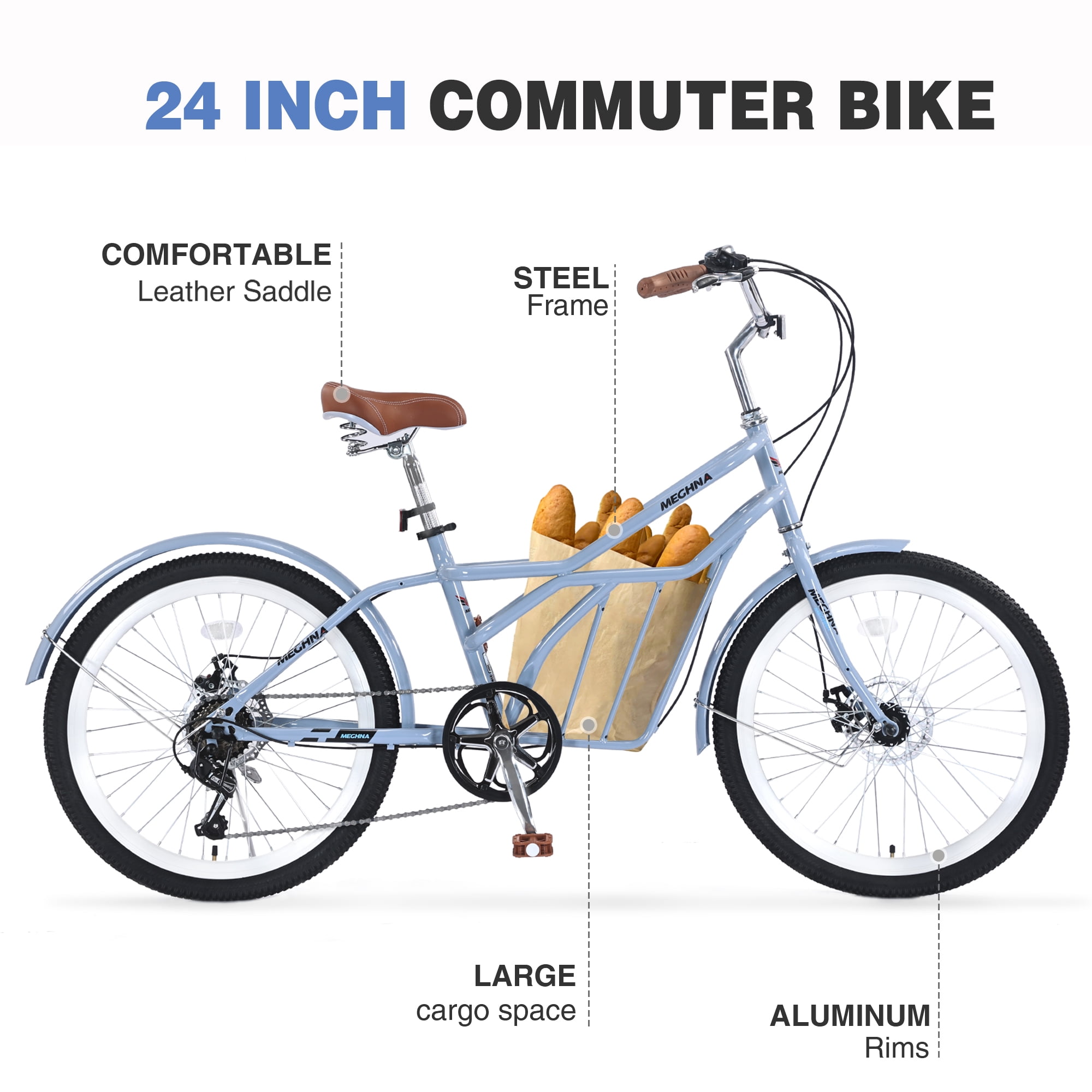 Juuar 24 in Beach Cruiser Bike, 6-Speed Adult City Bicycle with Disc Brakes and Cargo Rack (Blue, 24 in) p2vll