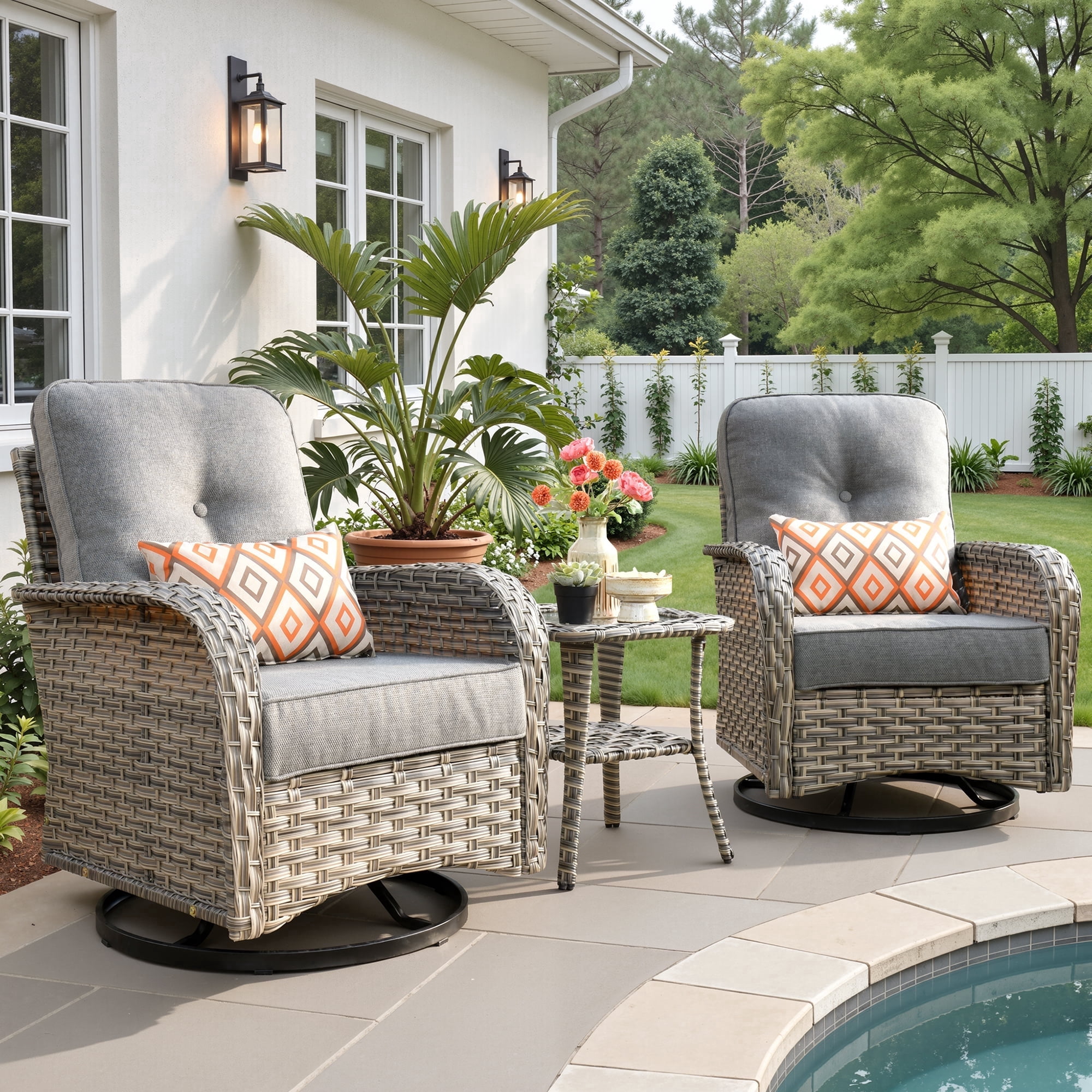 Ovios 3-Piece Patio Furniture Set, 2 Swivel Rocking Wicker Chairs with Side Table (Grey) qj3bv