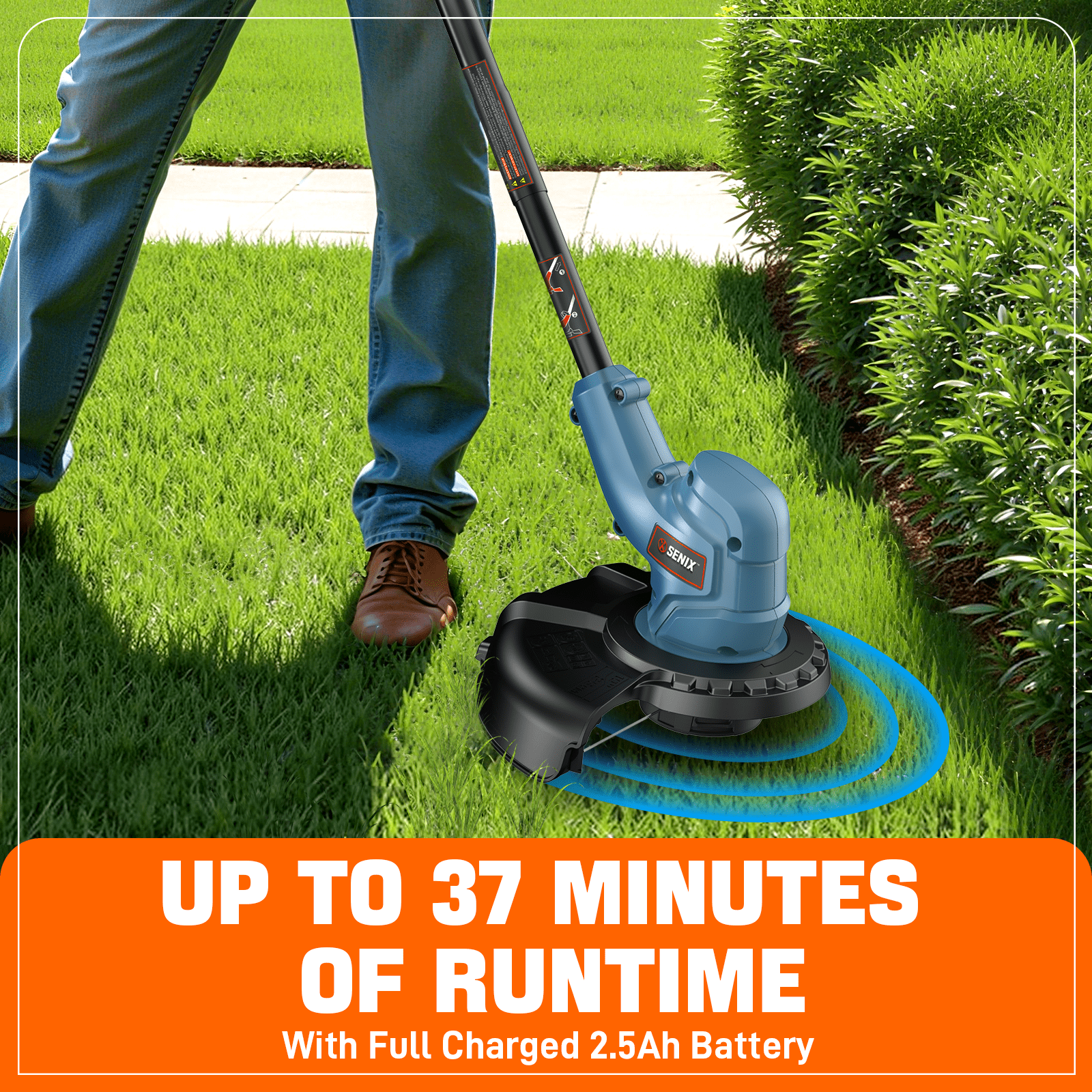 Senix 20V Cordless Grass Trimmer, 10 in Cutting Width, Rotating Split Shaft with Auto Line Feed (2.0Ah Battery and Charger Included) 26ulo