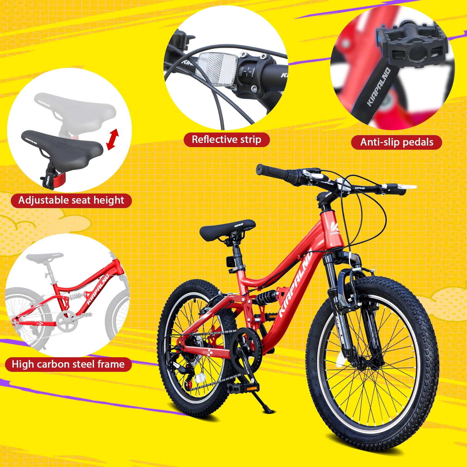 Ambifirner 20 Inch Mountain Bike, 7-Speed Dual-Suspension Bicycle with Steel Frame (Red, 20 in) 97pne