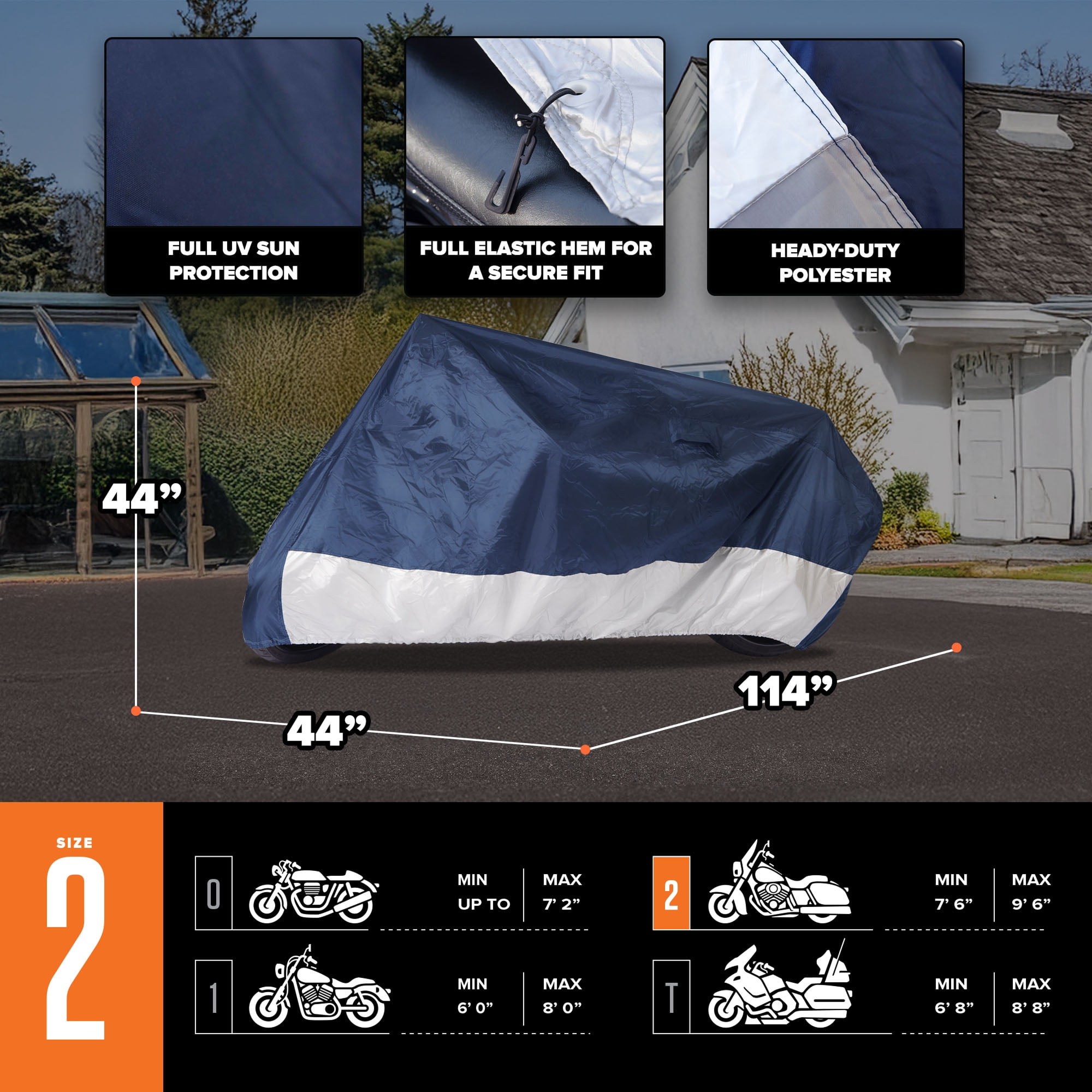 Budge Standard Motorcycle Cover, UV & Water Resistant Outdoor Protection (Blue & Silver, Size 2) dl1lk