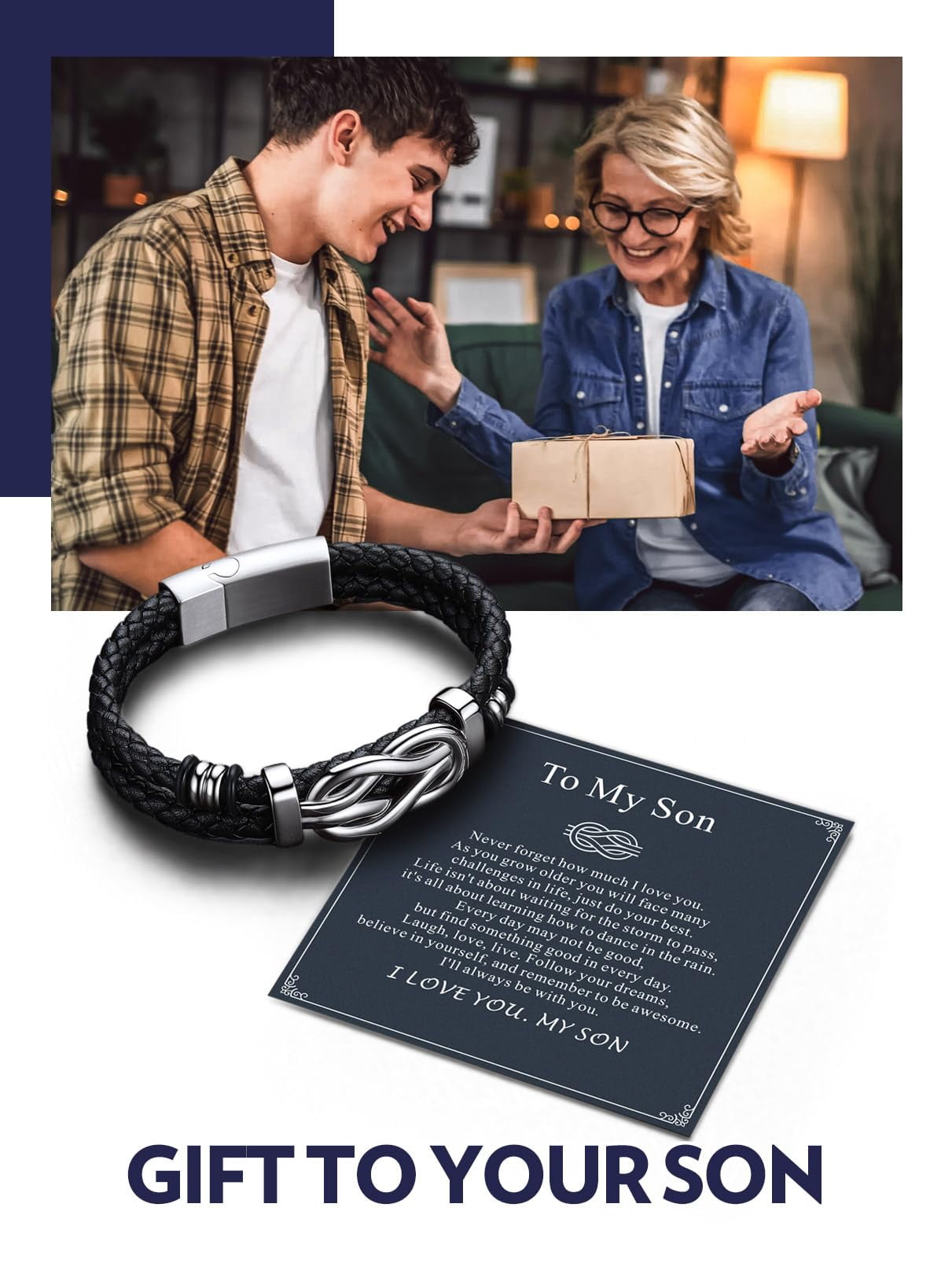 Bandmax Infinity Knot Leather Bracelet for Men, Stainless Steel Cuff with Message Card (Black, 8.3 in) vtnm0