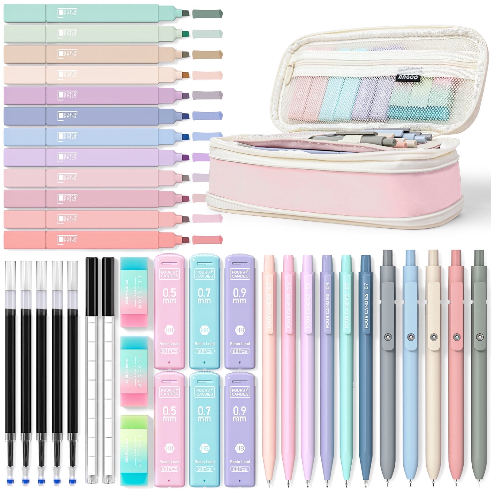 Four Candies Aesthetic Stationery Set with Pencil Case, Pastel Highlighters, Gel Pens, and Mechanical Pencils (Pink, 39 Piece Set) e4ql3