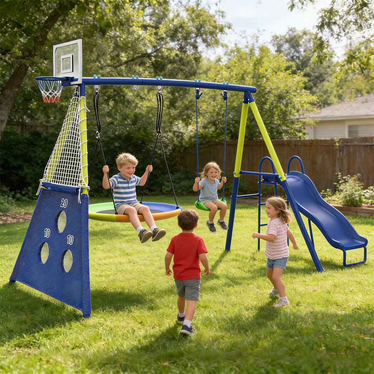 Shengchao Trade Metal Kids Swing Set with Heavy-Duty Outdoor A-Frame (Blue, 136 in x 67.7 in x 75 in) in0sb