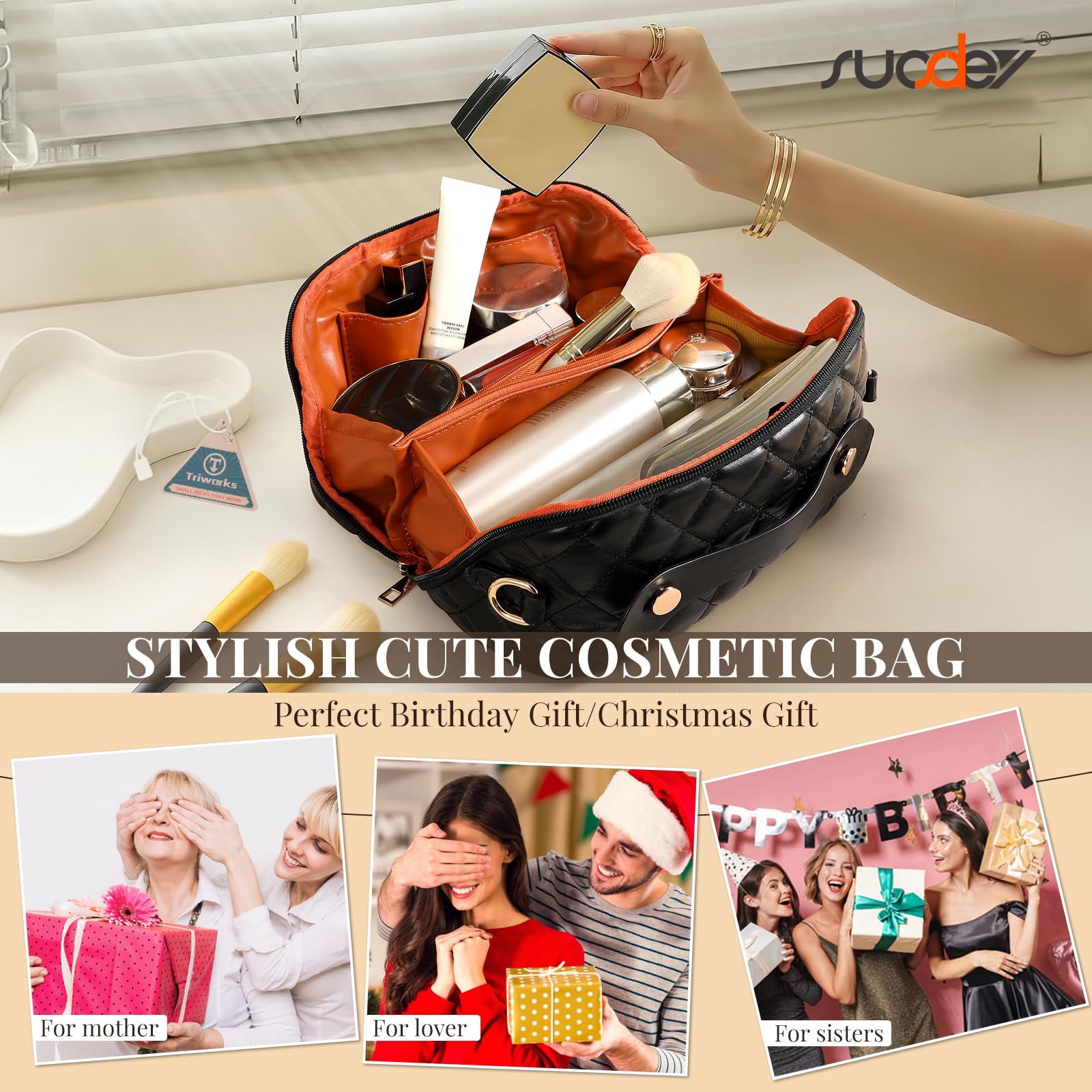 SUOSDEY 2-in-1 Crossbody Makeup Bag, Large Capacity Waterproof Leather Cosmetic Organizer (Black, 10 in x 7 in x 4 in) oj6sl