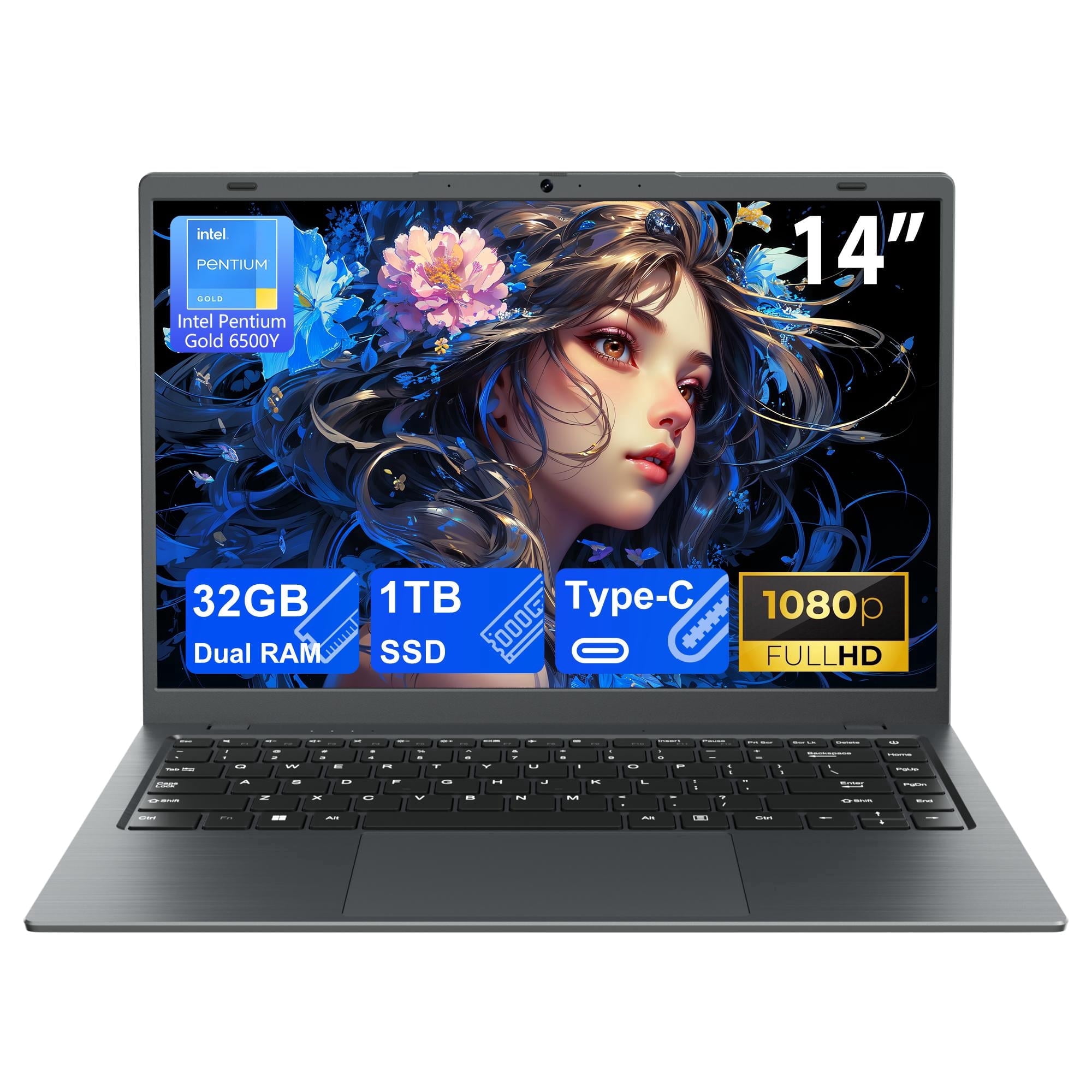 RNRUO 14 in Laptop Computer, 32GB RAM 1TB SSD, Intel Pentium Gold 6500Y, FHD 1080p Display, Windows 11 Pro, Dual 4K Output (Dark Gray, 14 in) hqk4p