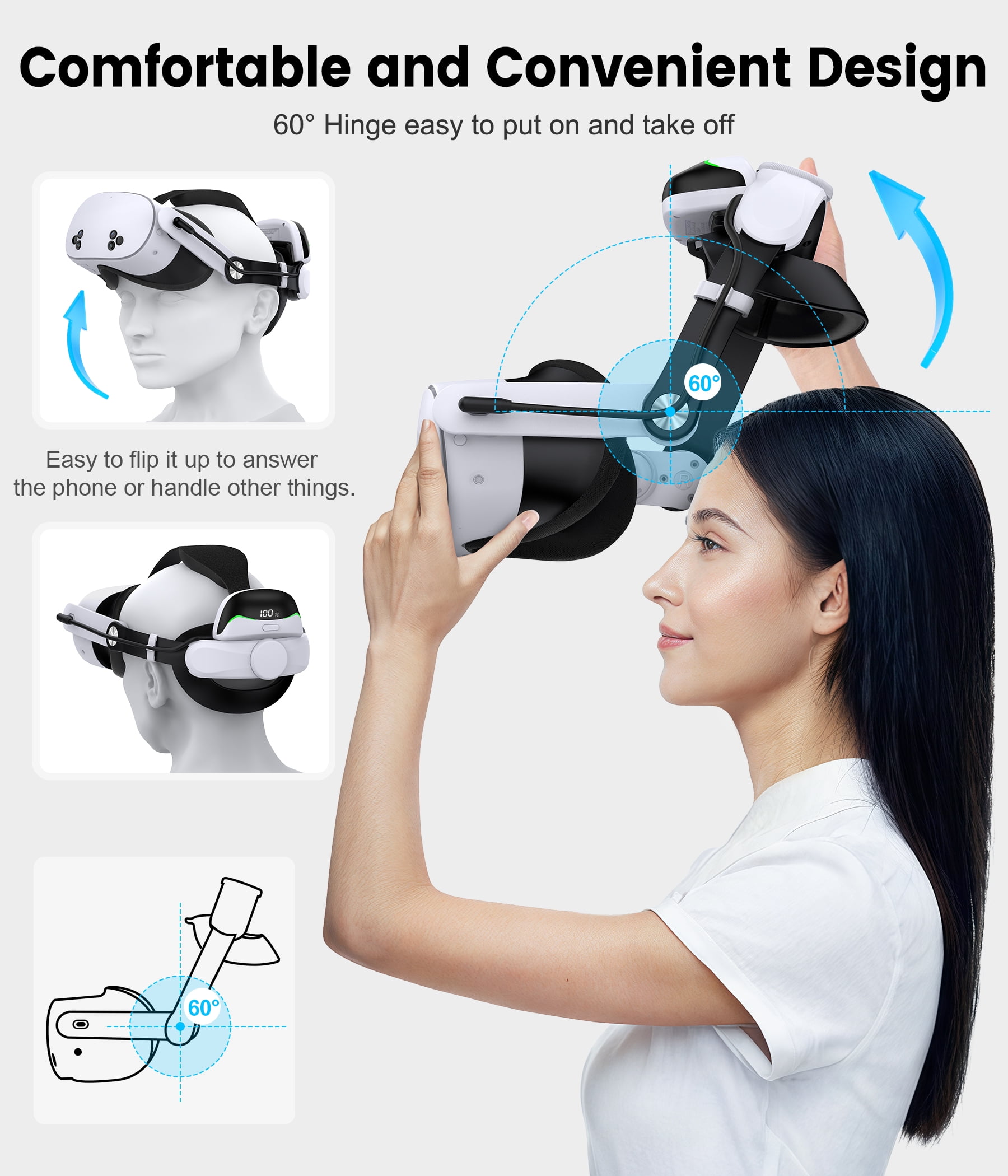 QQV Battery Head Strap for Meta Quest 3, 3S, and 2 (White, 10000mAh) trczx