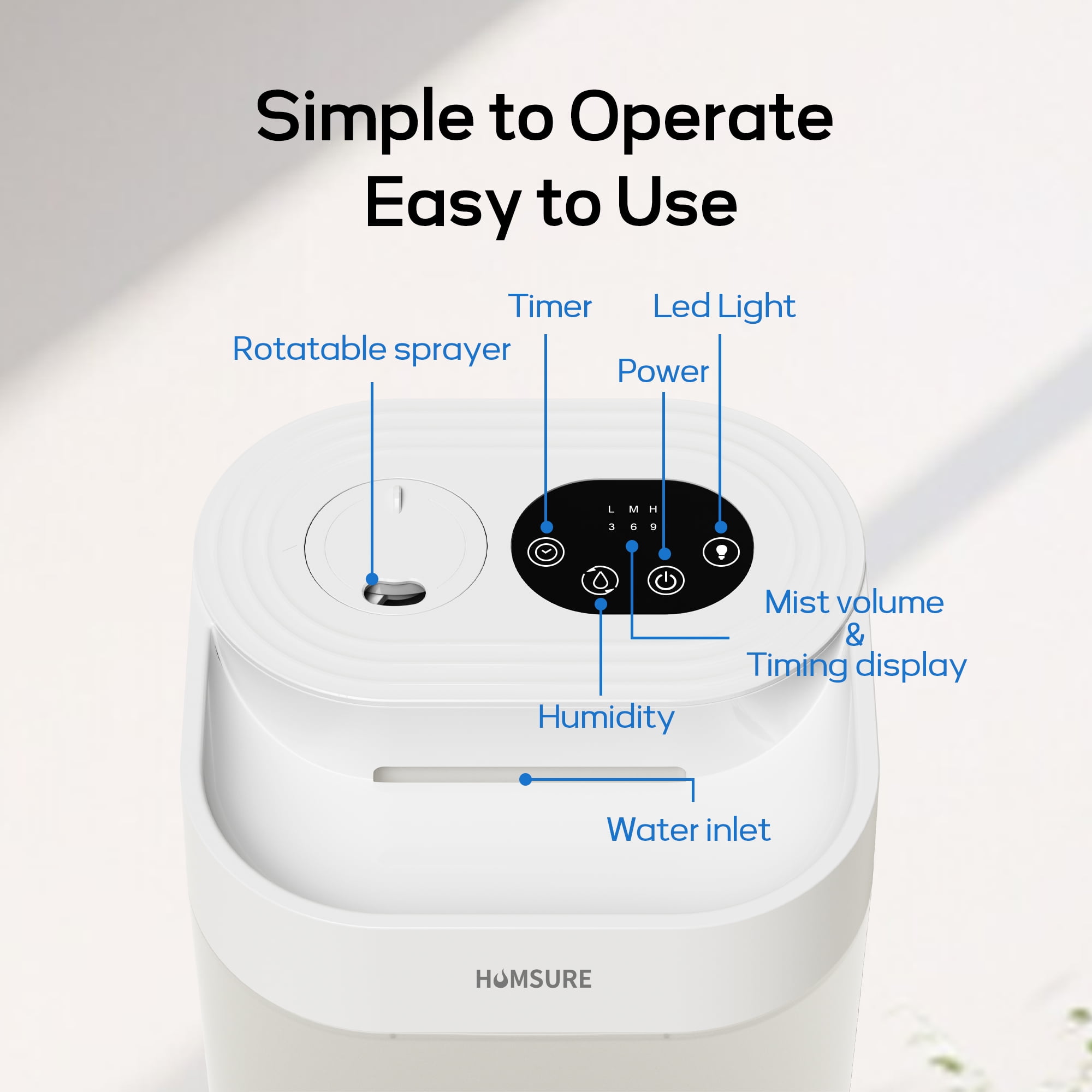 HUMSURE Ultrasonic Cool Mist Humidifier for Bedroom and Plants, Silent Operation with Essential Oil Tray and 7-Color LED Light (White, 1.19 gal) fsspf