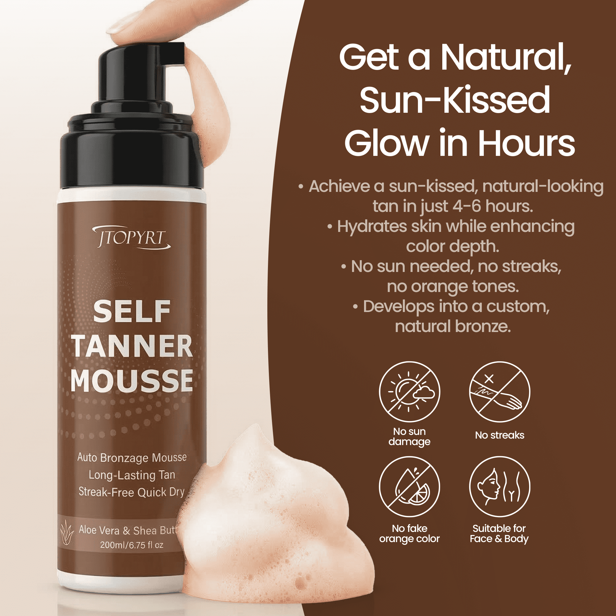 Jtopyrt Self Tanner Mousse Sunless Tanning Foam for Face and Body (Natural Bronze, 6.7 fl oz) 7vx5y