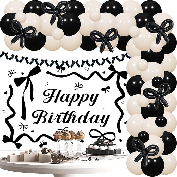 Generic Black Bow Birthday Party Decoration Set with Backdrop and Balloon Arch Kit (Black, 1 Set) bgcnd