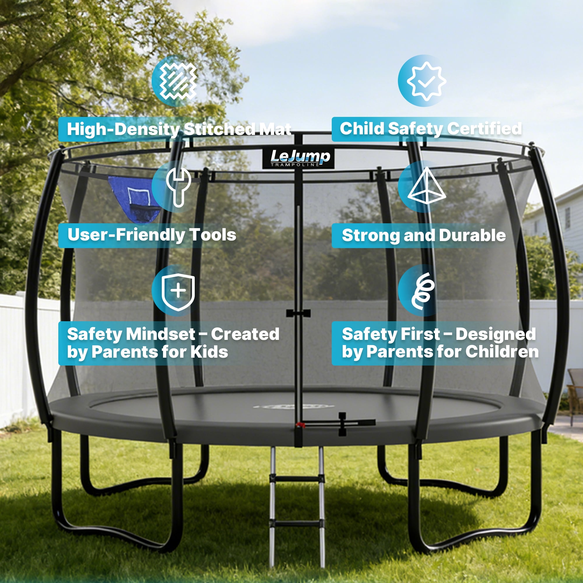 LeJump Outdoor Springless Trampoline with Safety Enclosure Net (Black, 12 ft) 5zpgs