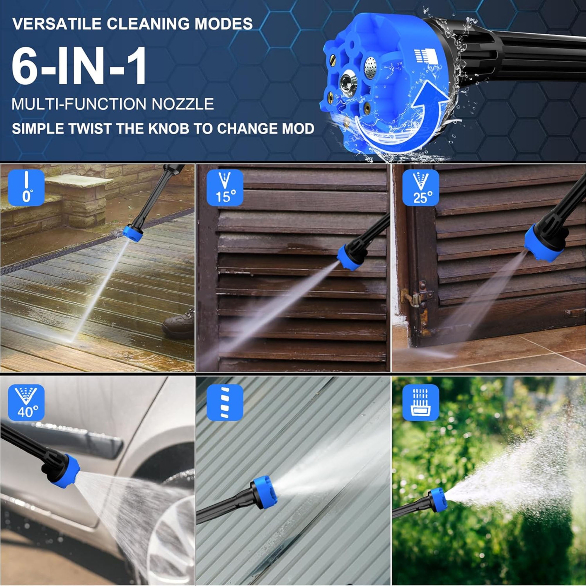 AZZUNO Cordless Power Washer 850 PSI Portable Pressure Cleaner with 6-in-1 Nozzle (2 x 4000mAh Batteries) 8idqi