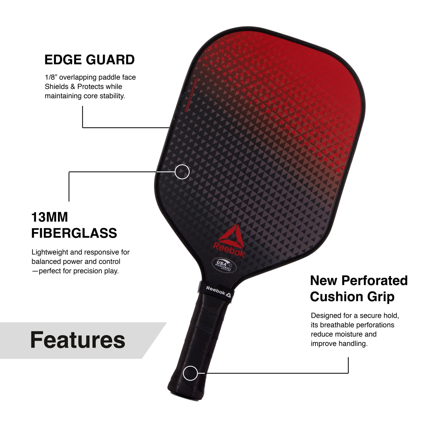 Reebok 7-Piece Pickleball Paddle Set with Fiberglass Surface and Cushioned Grip (2 Paddles, 4 Balls, 1 Bag) g3x2a