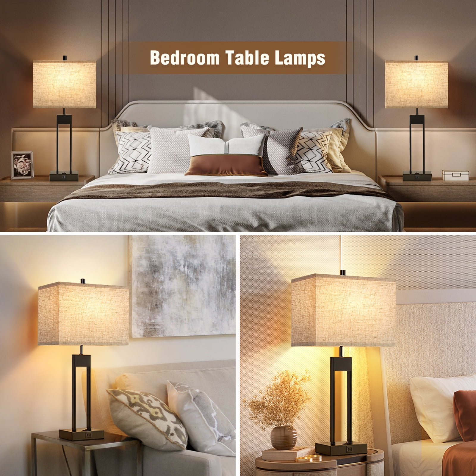 NATYSWAN Modern Table Lamps Set of 2, USB A+C Charging Ports, 3-Color Temperature LED, Fabric Shade (Black, 2 Pack) voyz6