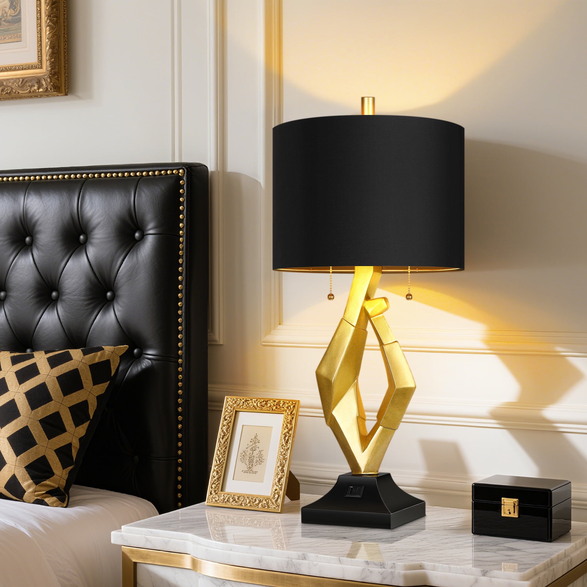 SparkGlowy Contemporary Resin Table Lamps with USB Charging Ports and Black Shades (Gold, 25.5 in) jw9tf