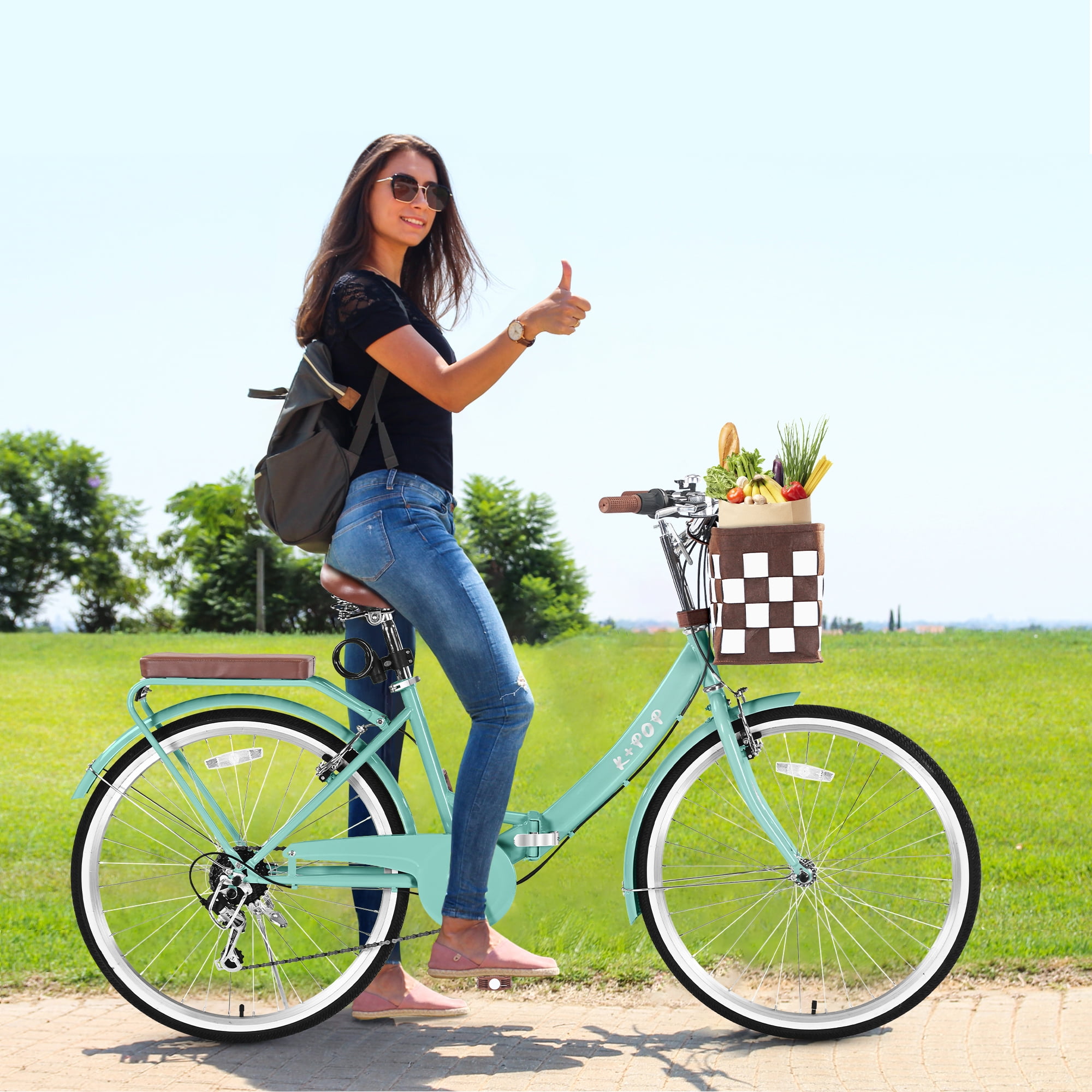 Bstjewey 24 in Folding Beach Cruiser Bike, 7 Speed Commuter Bicycle with Basket and Rear Rack (Green, 24 in) 8ajij
