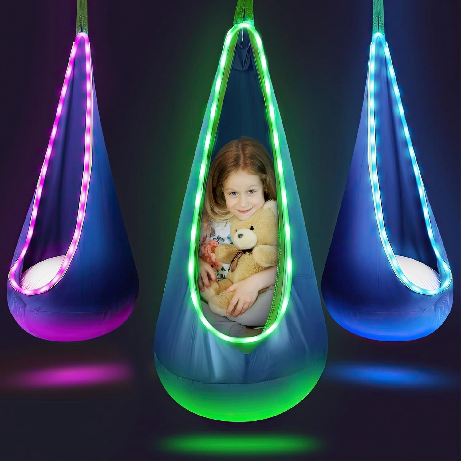 UQN Kids Pod Swing Seat, LED Light Up Hanging Hammock Chair with Inflatable Pillow, Sensory Swing for Indoor and Outdoor Use (176 lb Capacity) svgl9