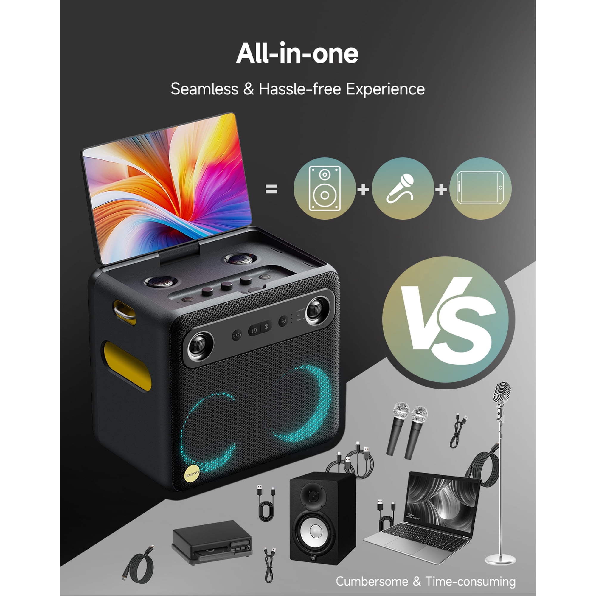 Ikarao Smart Karaoke Machine with 10.1 in Screen, 2 Wireless Microphones, Portable Bluetooth Speaker (Black) 05swp
