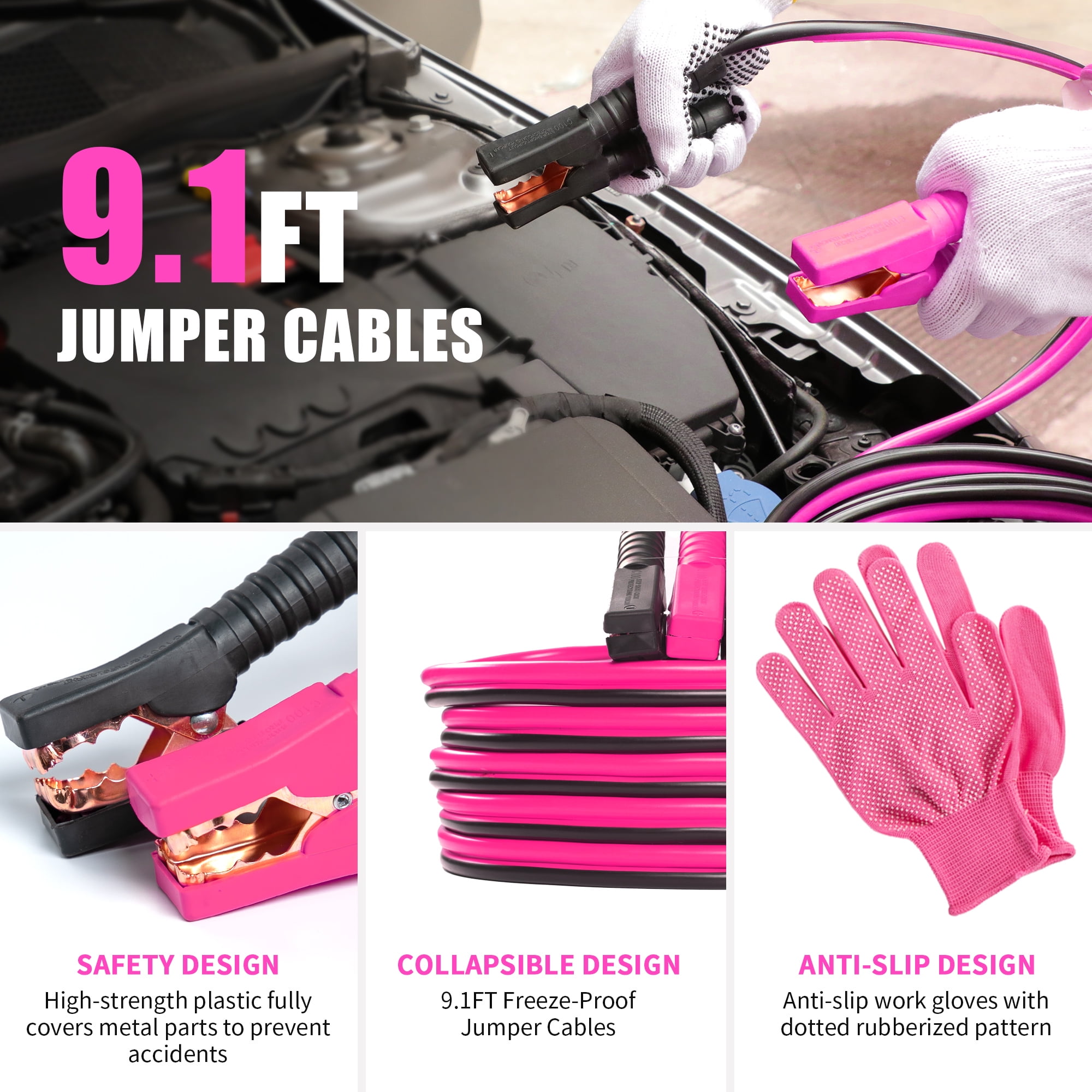 Kitgo Car Emergency Kit Roadside Safety Set with Jumper Cables (Pink, 1 Pack) 5to50