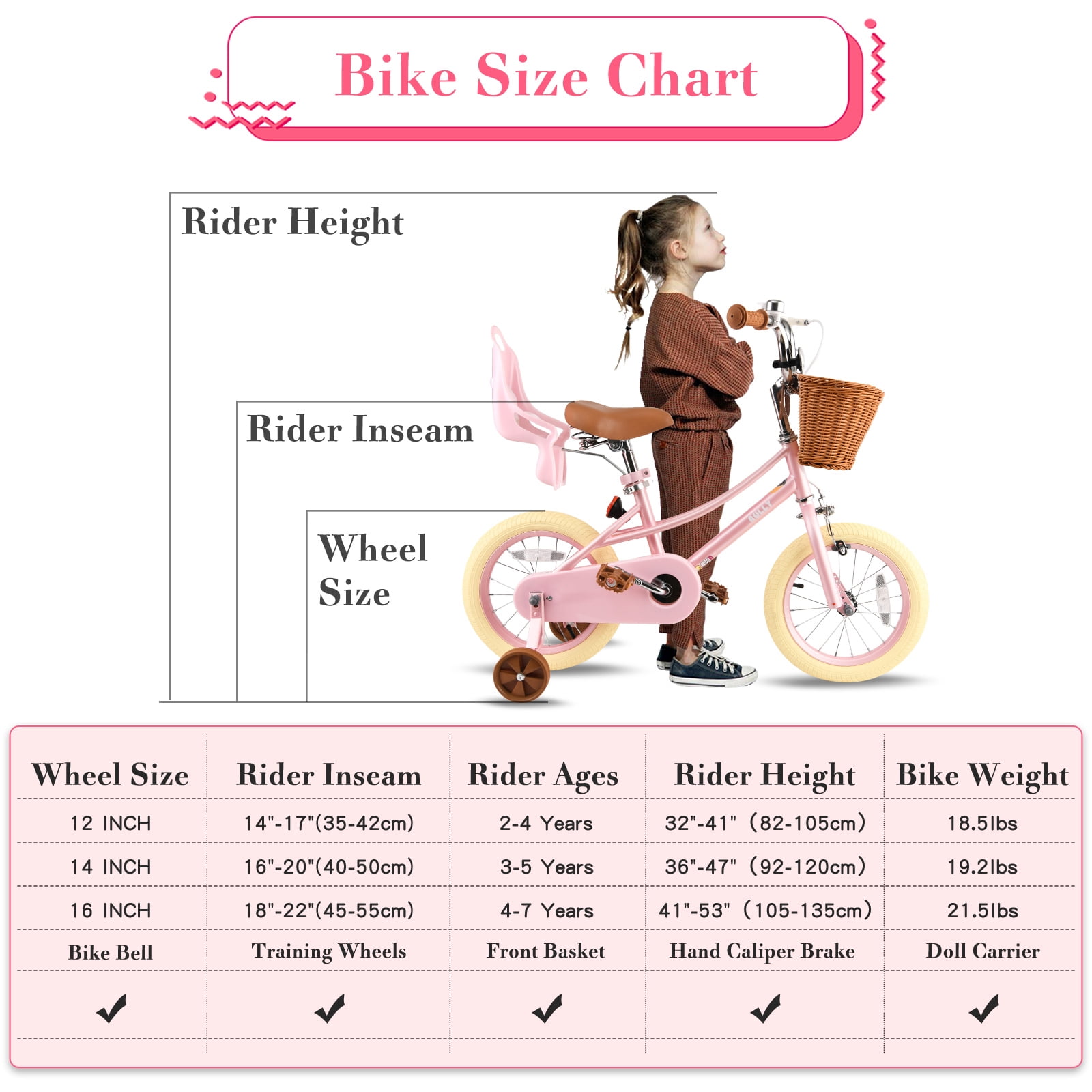 Rully 14 Inch Girls Retro Cruiser Bike with Training Wheels, Basket, and Doll Seat (Pearl Pink, 14 in) 54ffr