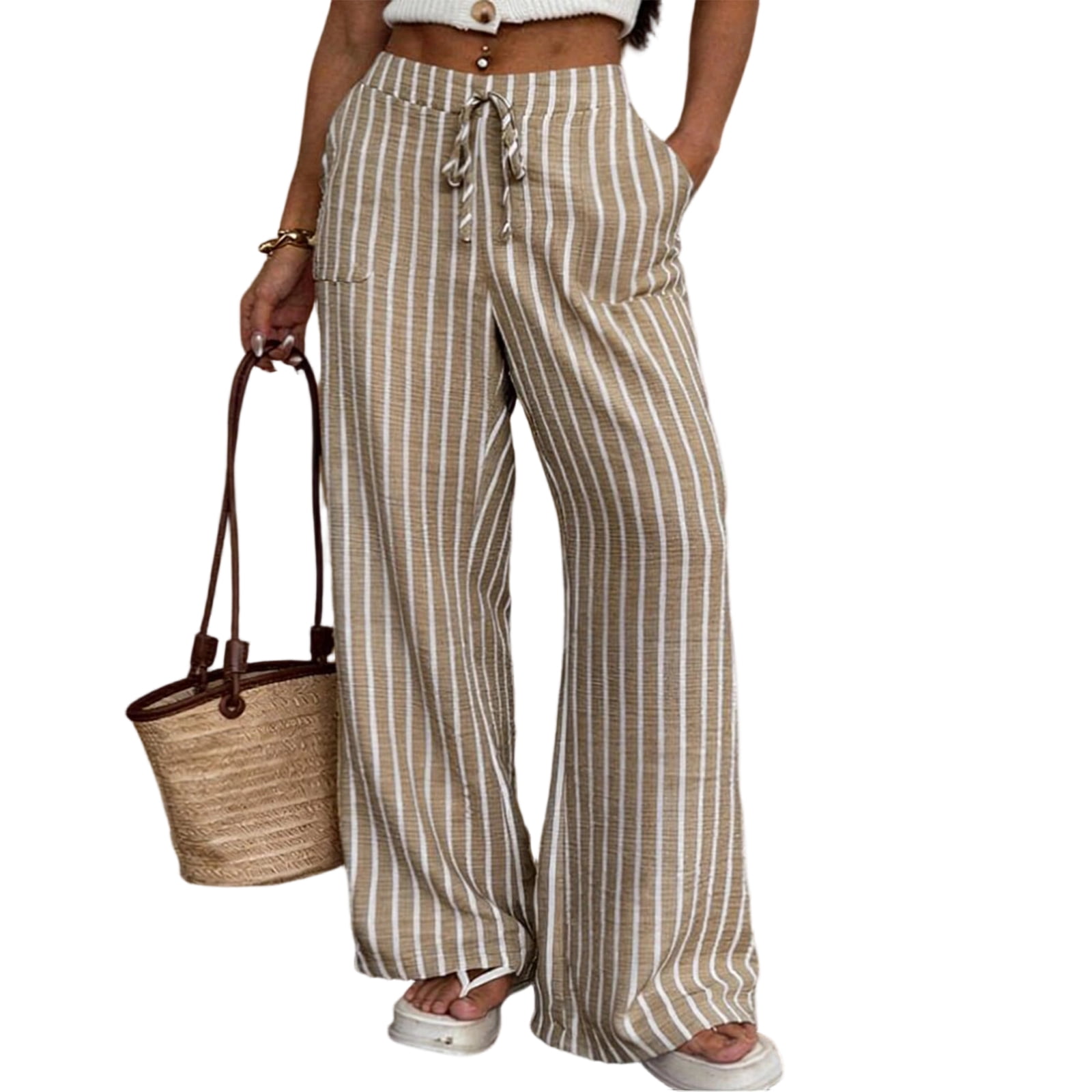 Textilo Womens Striped Wide Leg Palazzo Pants Casual Drawstring Trousers with Pockets (Khaki, M) qh4xn