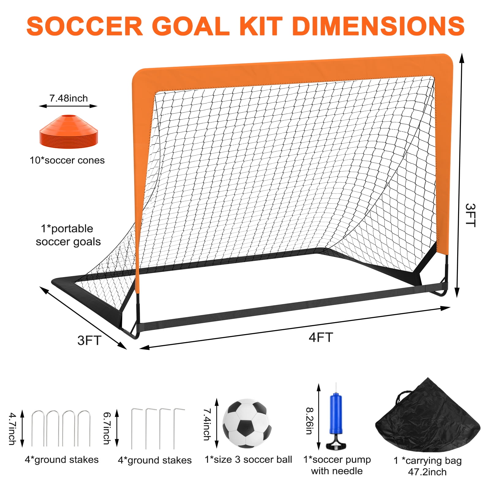 Cshidworld Kids Soccer Goal Set, Portable Backyard Training Equipment with Soccer Ball and 10 Cones (Orange, 4 ft x 3 ft) z8wtl