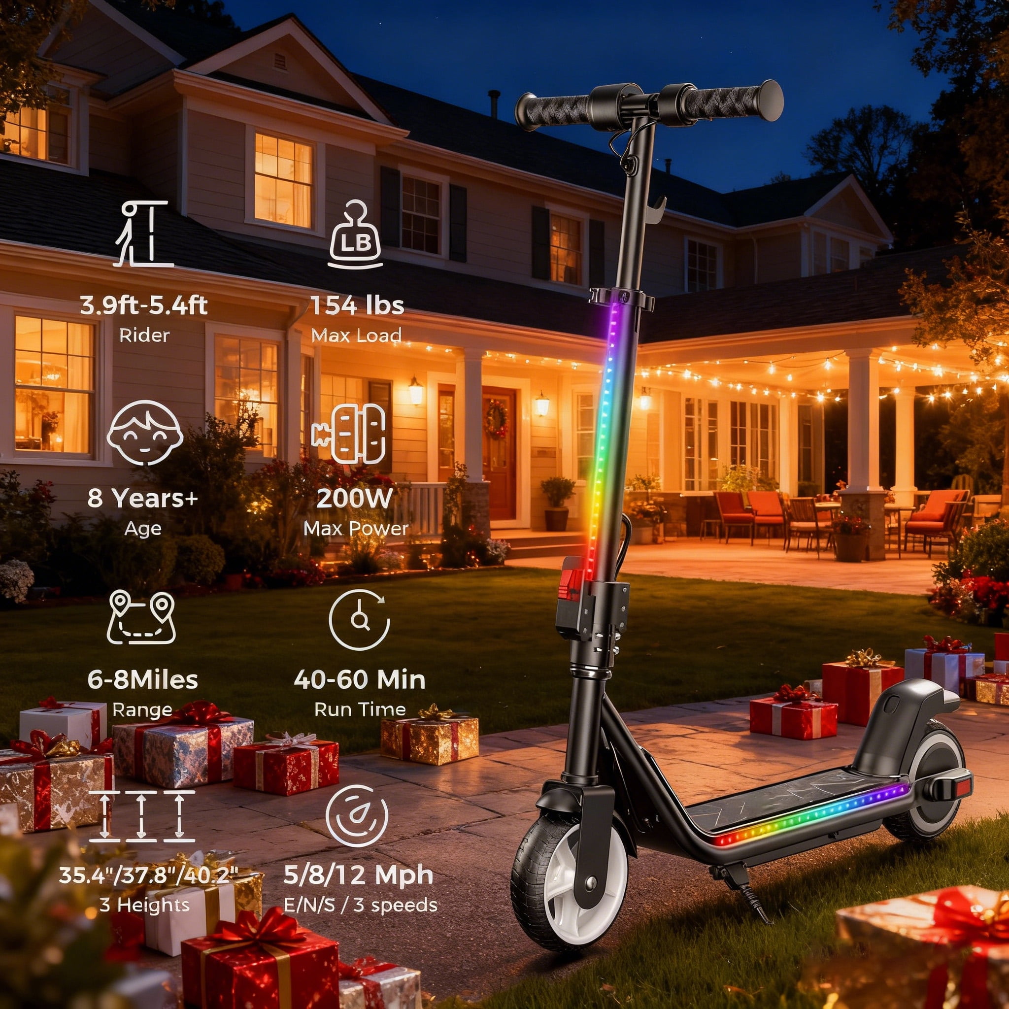 Generic Electric Scooter for Kids, 200W Foldable E-Scooter with Bluetooth Speaker, LED Display, 3-Speed Modes, Adjustable Height (Black, 6.5 in Wheels) fkxpa
