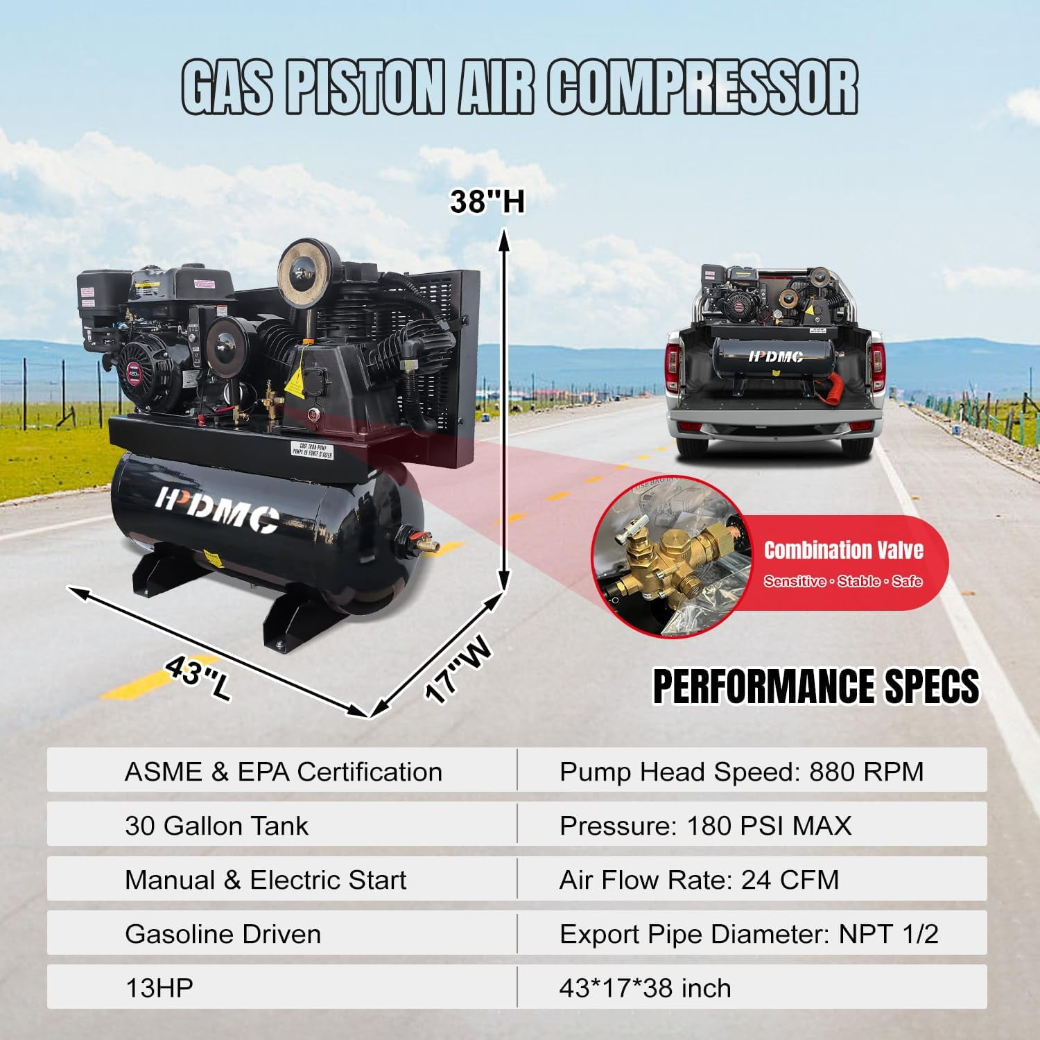 HPDMC 13HP Gas Powered Air Compressor (24CFM, 180PSI, 30 Gal Tank, Electric Start) qfbtz