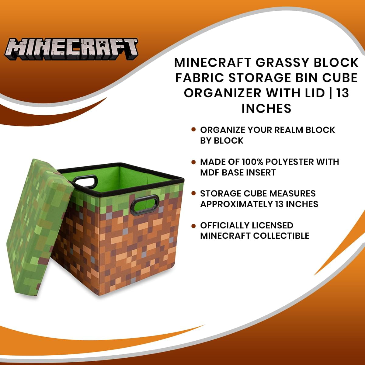 Minecraft Grassy Block Fabric Storage Bin Cube Organizer with Lid (Brown, 13 in) qmtn3
