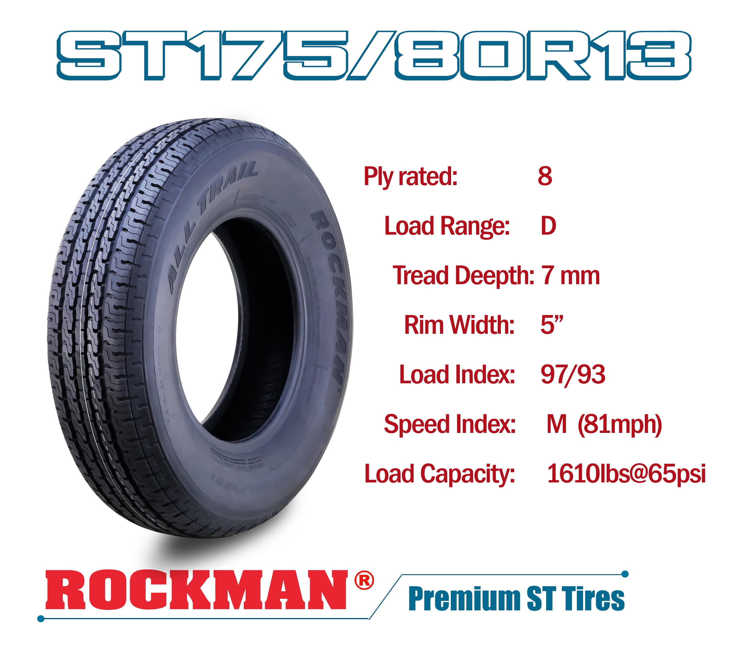 ROCKMAN ST175/80R13 Trailer Tire and Wheel Assembly (White Spoke, 8-Ply, 5 Lug on 4.5 in PCD, Set of 2) zzli1