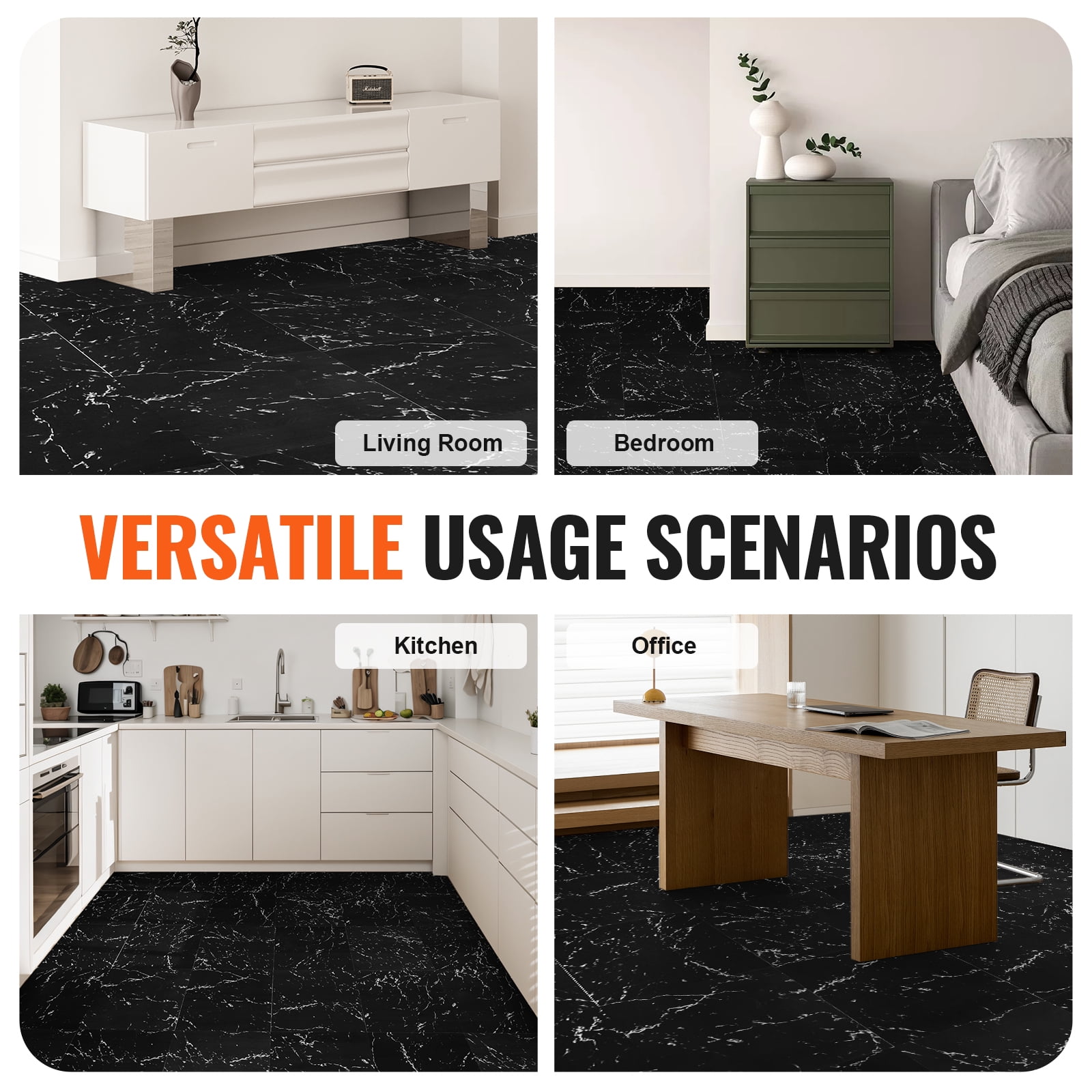 KFFKFF Self-Adhesive Vinyl Floor Tiles, Peel and Stick Flooring for Home Decor (Black Marble, 12 x 12 in, 50 Pack) n7gz4